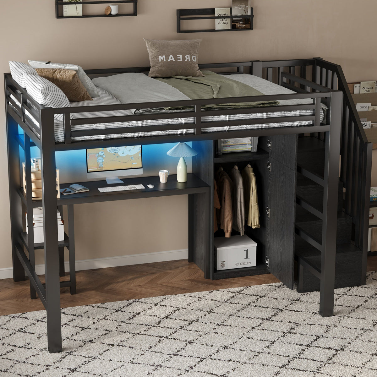 Metal Loft Bed with Desk, Shelf, Wardrobe and Storage Stairs, 140x200cm, Black Metal