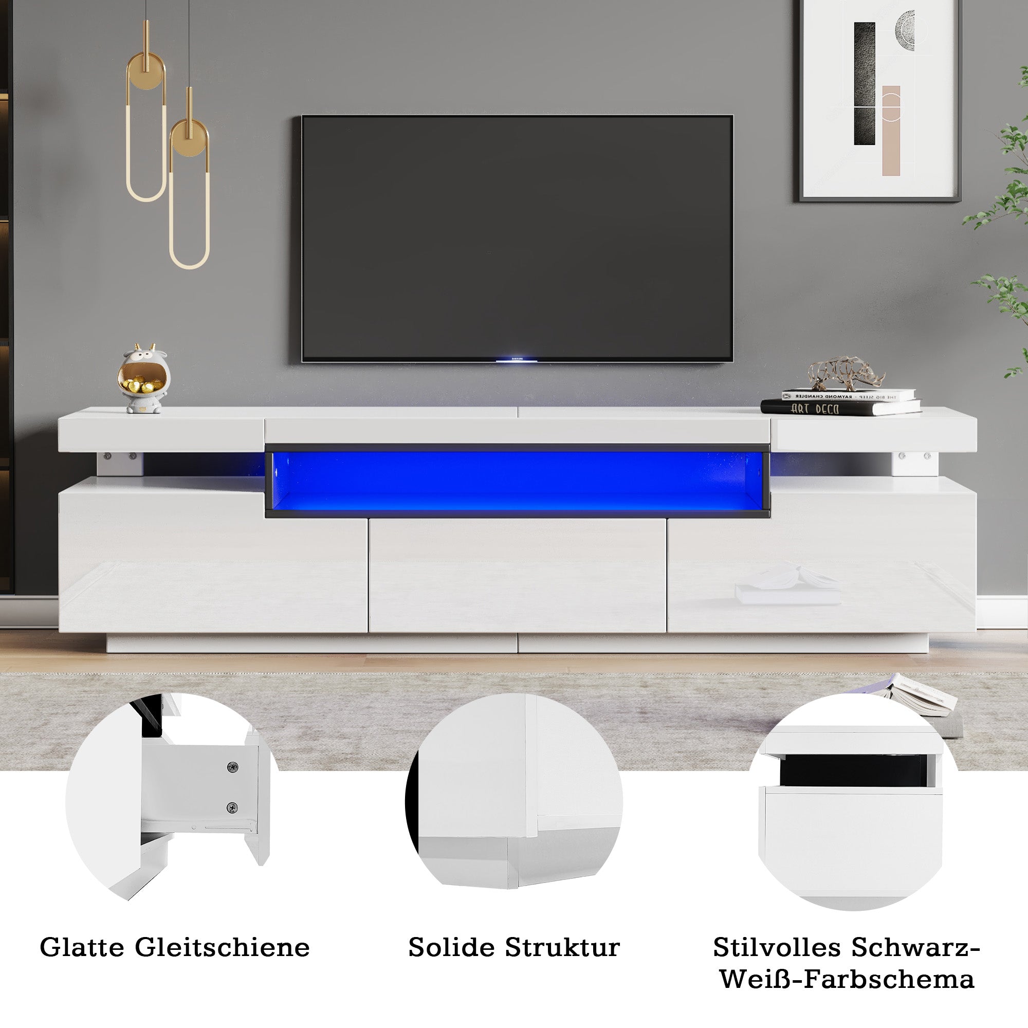 TV Cabinet, 160x39x42cm LED Lighting, 3 Drawers, White High-Gloss