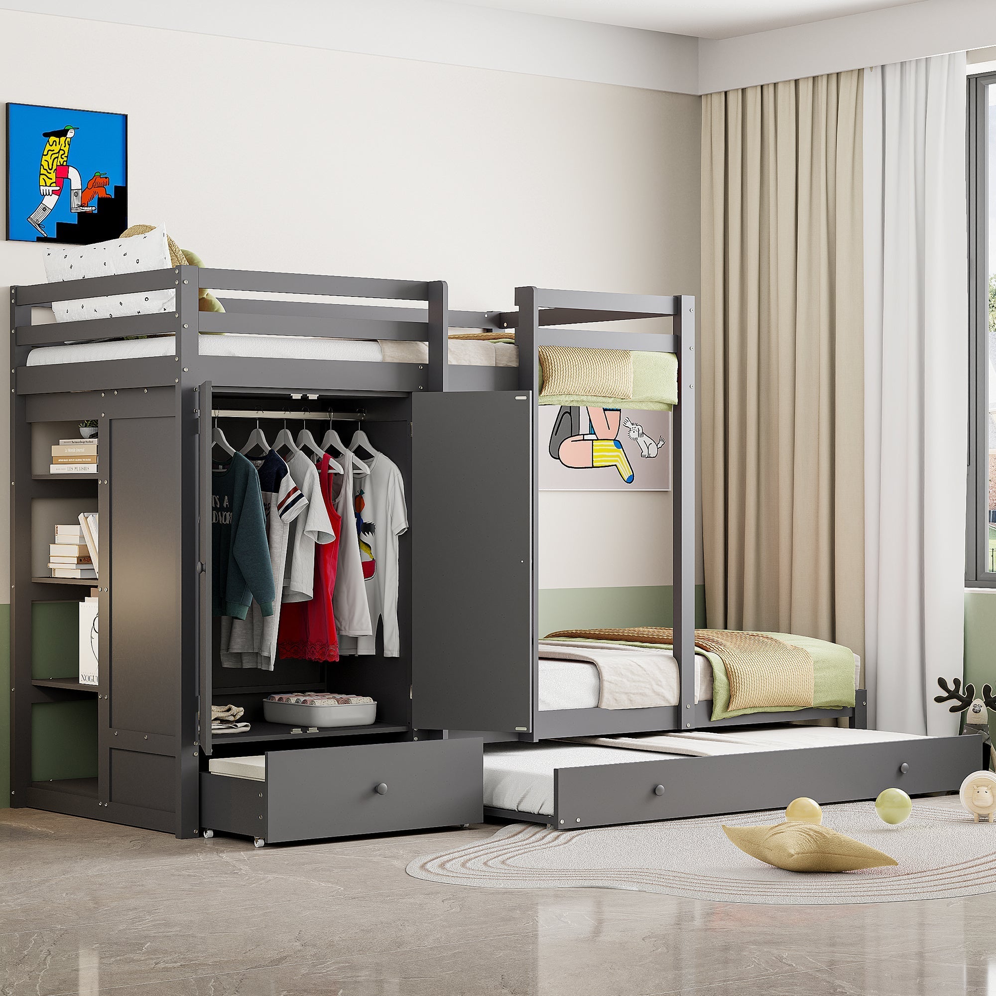 Bunk Bed, 90x200 Pull-Out, Multifunctional with Wardrobe, Drawers & Storage, Solid Wood Grey