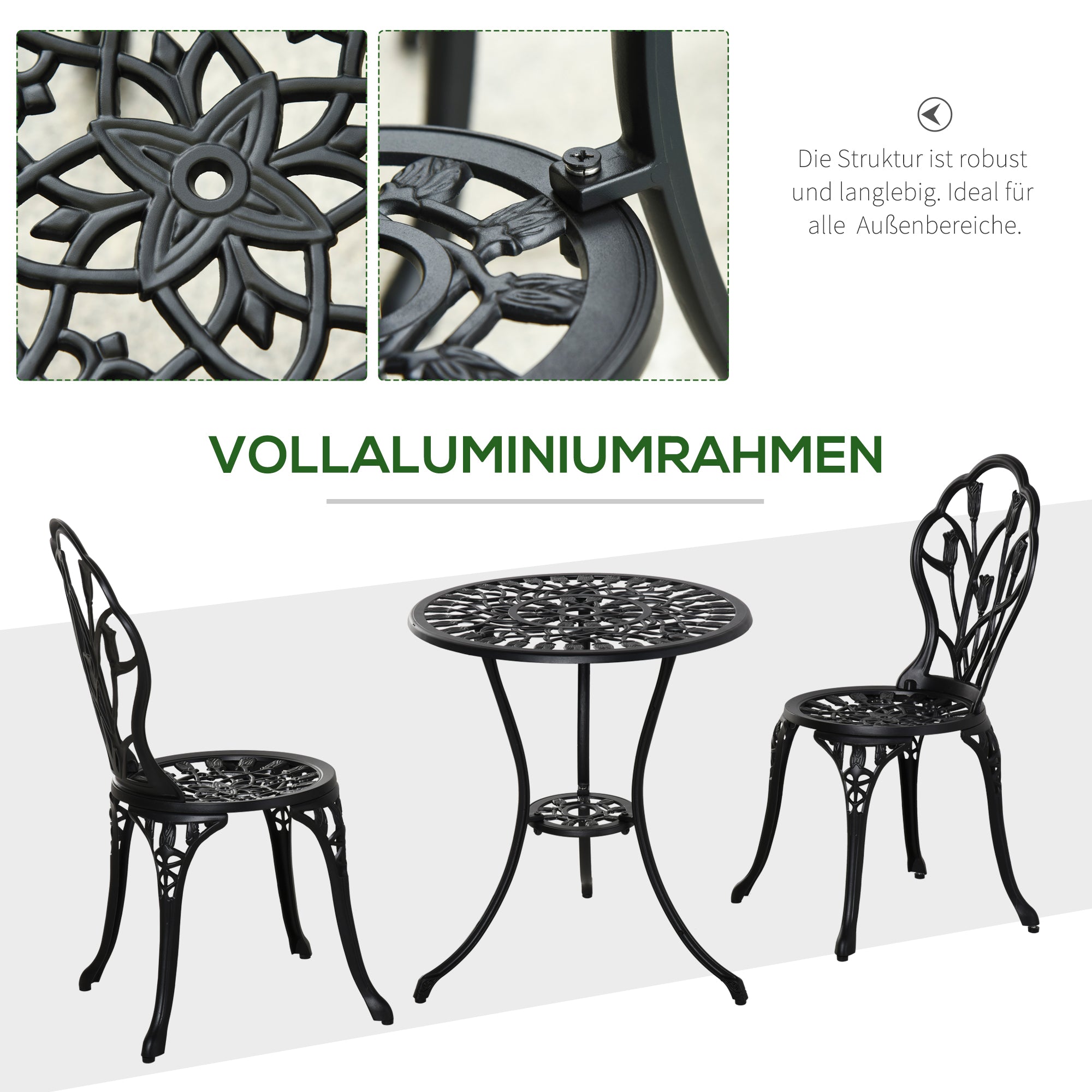 Seating Group Dining Set Table & 2 Chairs - 2 Person Garden/Balcony - Black Aluminum