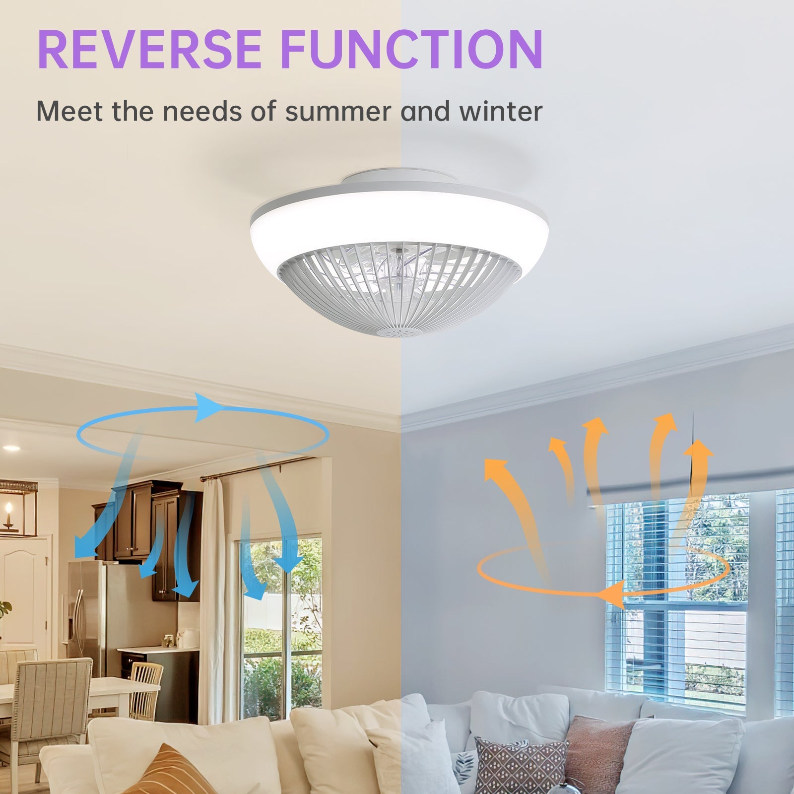 15" Ceiling Fan RGB LED Light App Control Silent Dimmable with Timer - Transparent ABS Blades