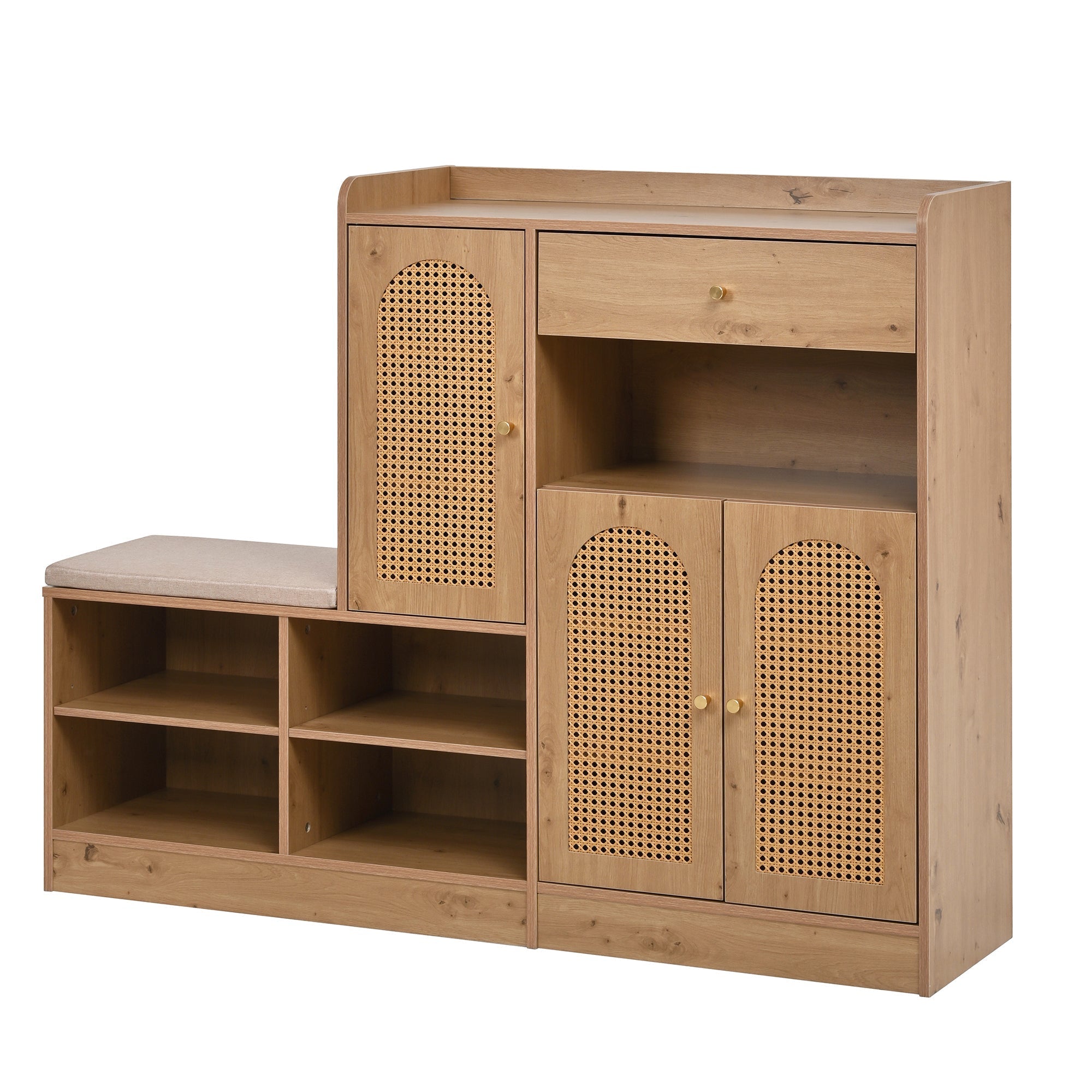 Shoe Cabinet with Upholstered Bench, 3 Rattan Doors and 1 Drawer, Wood Look