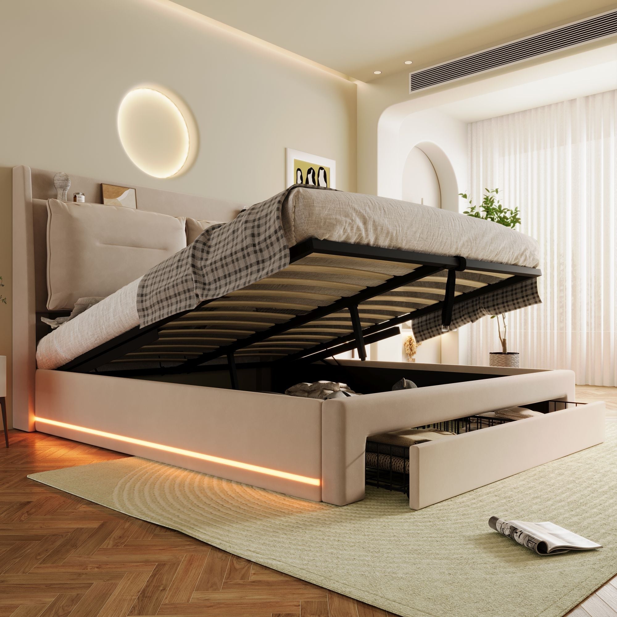 Upholstered Bed 160x200 Hydraulic Storage LED Light Drawers - Velvet Beige