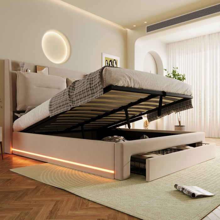 Upholstered Bed 140x200cm Hydraulic Storage LED Drawers Slatted Base - Velvet Beige