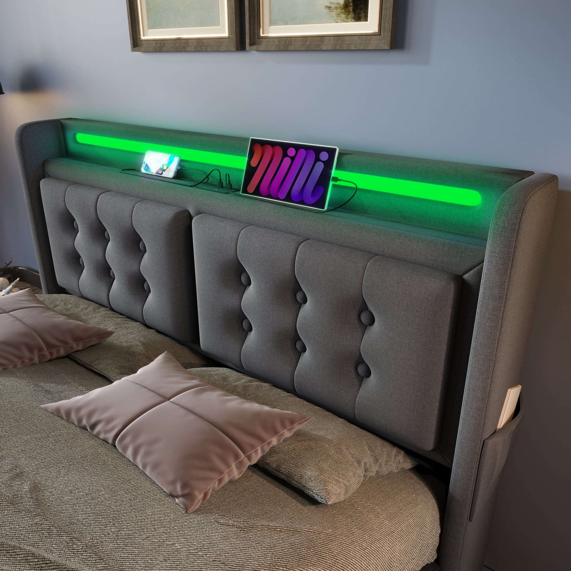 Upholstered Double Bed with LED Headboard, USB C and Hydraulic Storage, 180x200cm, Grey Cotton