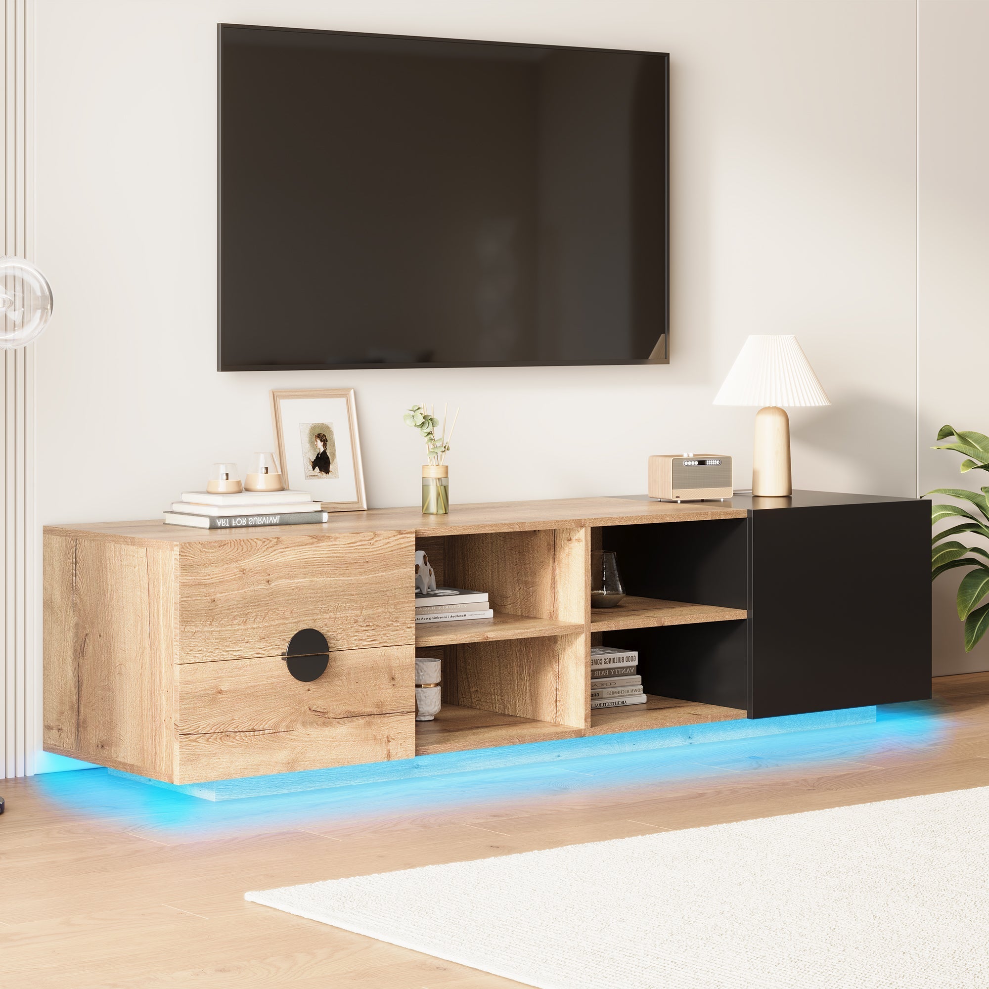 TV Cabinet with Drawer, Open Compartment and LED Lighting, Wood and Black Wood Contrast
