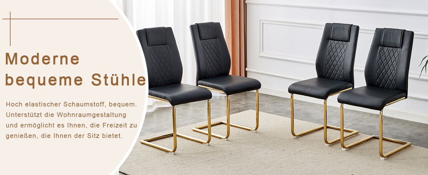 Scandinavian Dining Chairs Set of 4 Mesh Back Gold Metal Legs - Black PU Leather