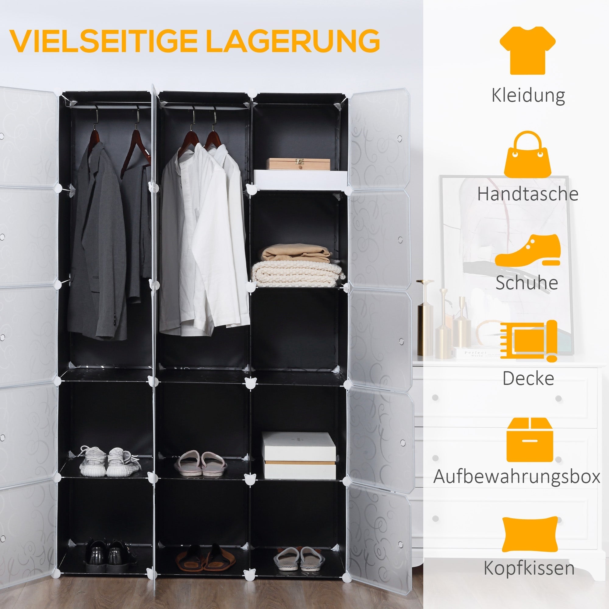 DIY Kleiderschrank-Regalsystem, 2 große & 9 kleine Würfel, Schwarz