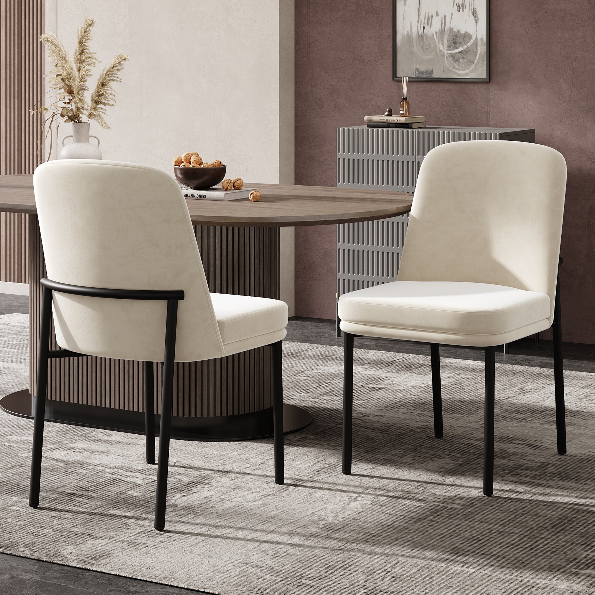 Dining Chairs Set of 6 Black Metal Legs Modern - Beige Velvet