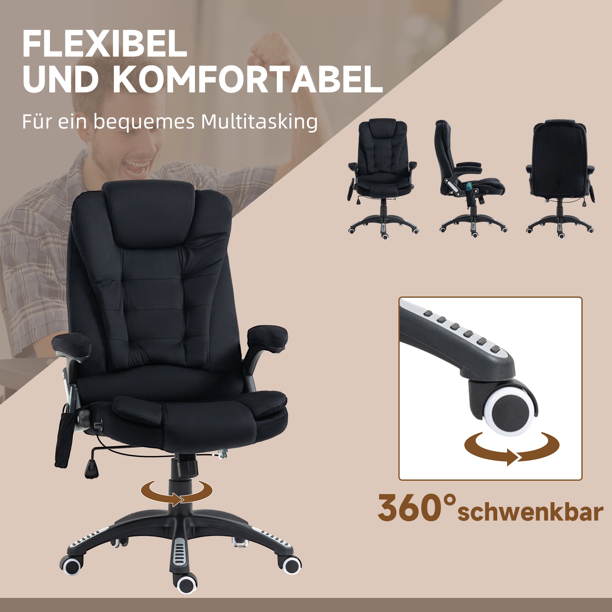 Massage Office Chair, Ergonomic Desk Chair, Height-Adjustable with Heating, Black