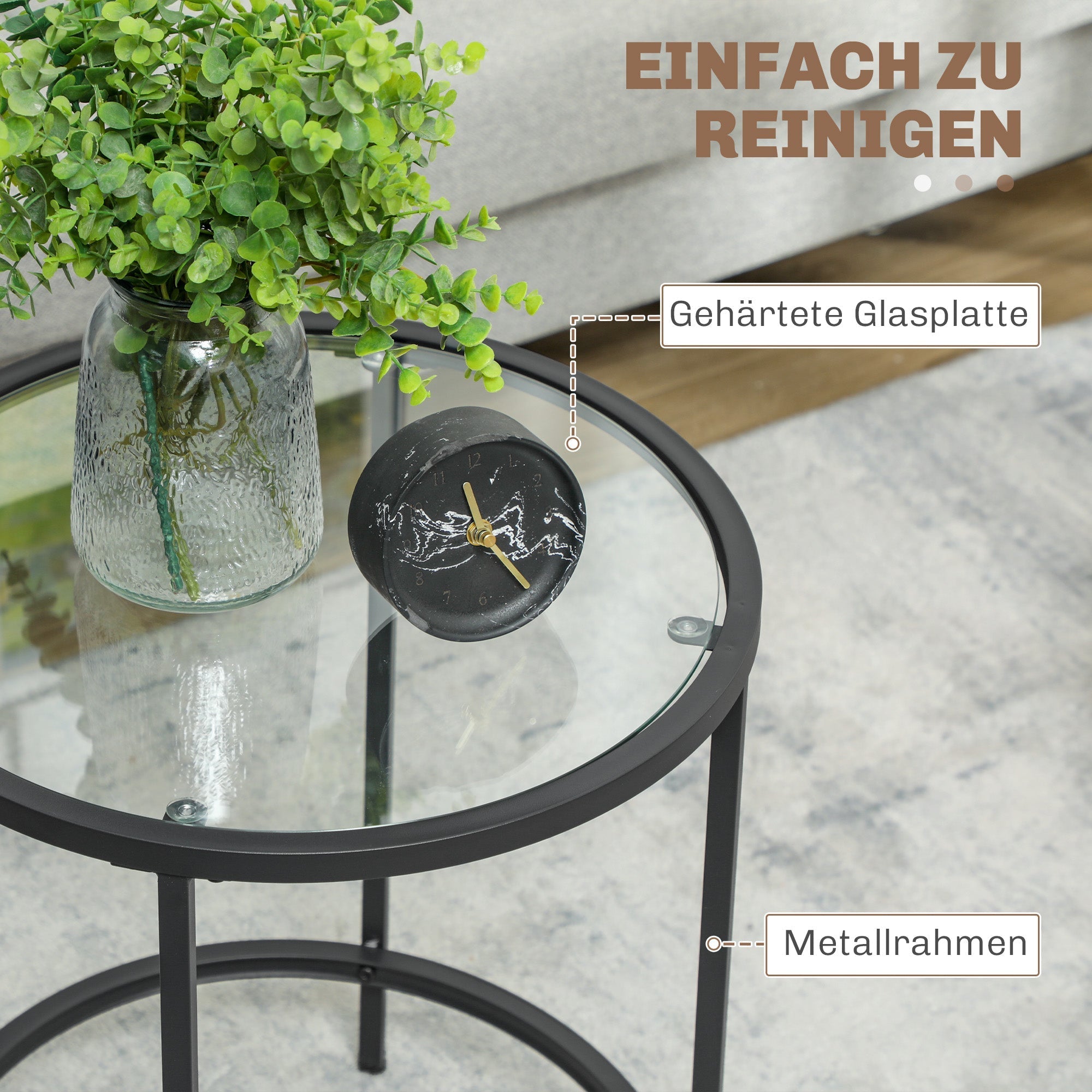 Round Side Coffee Table, Glass Top Nightstand Metal Frame, Black