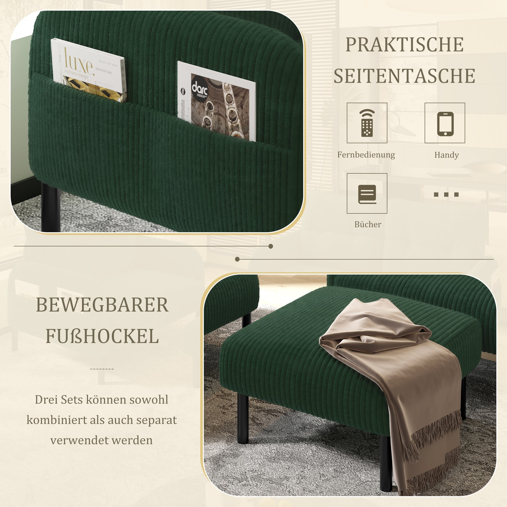 Cord Modular Sofa Set 3-Piece Armchair Footstool 2-Seater Side Pocket Emerald Green