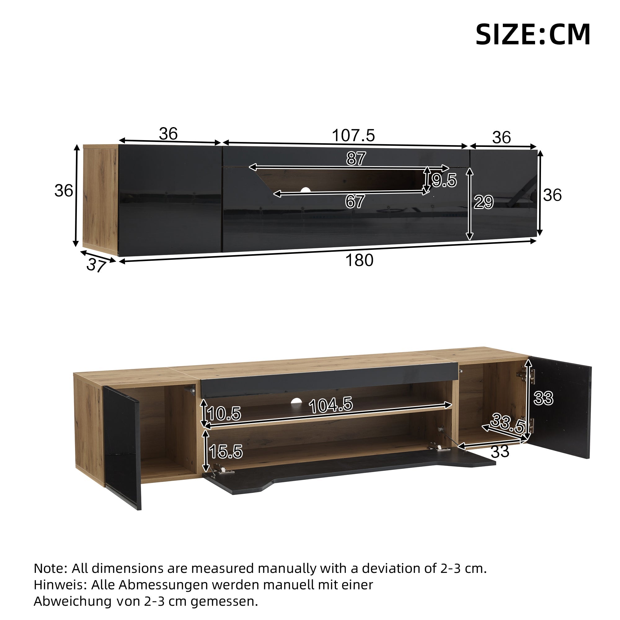TV cabinet, 3 storage compartments, lowboard, floating wall board, LED light, wall-mountable, suitable for 75-inch TVs, black and wood color
