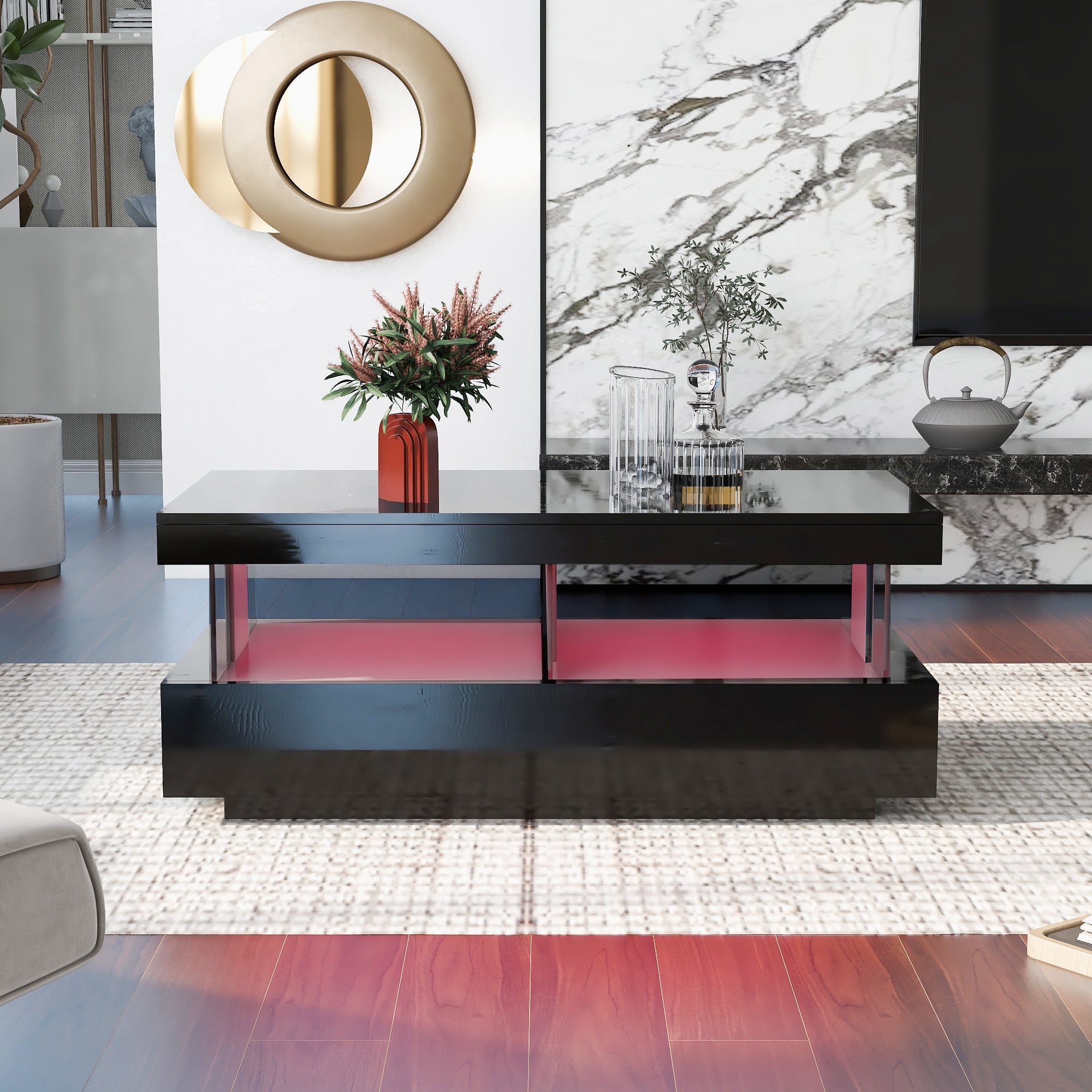 Coffee Table High Gloss with 16-Color LED Lights, 2 Drawers, Open Storage, Black