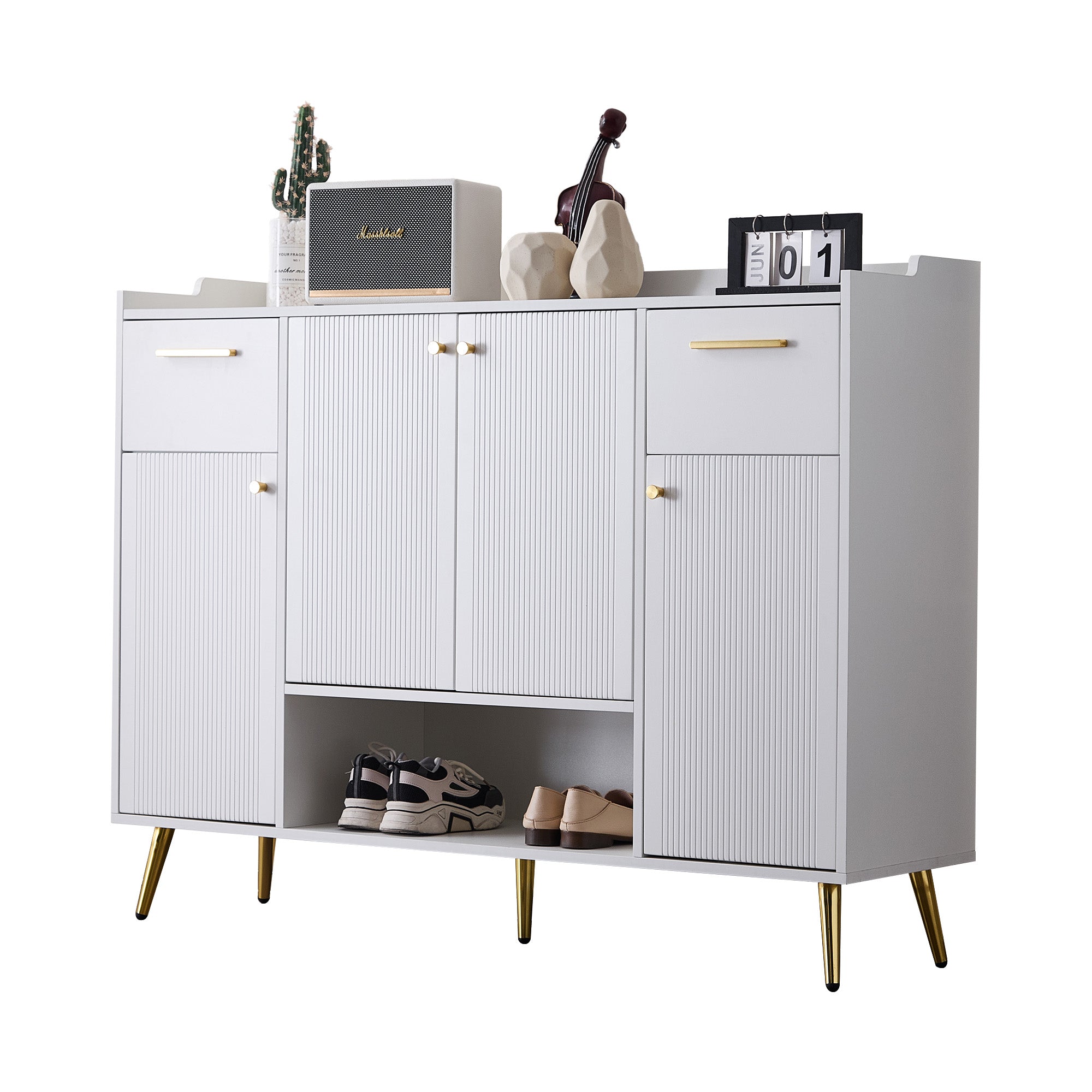 Shoe cabinet, shoe rack with 2 drawers and 4 doors, metal feet, white