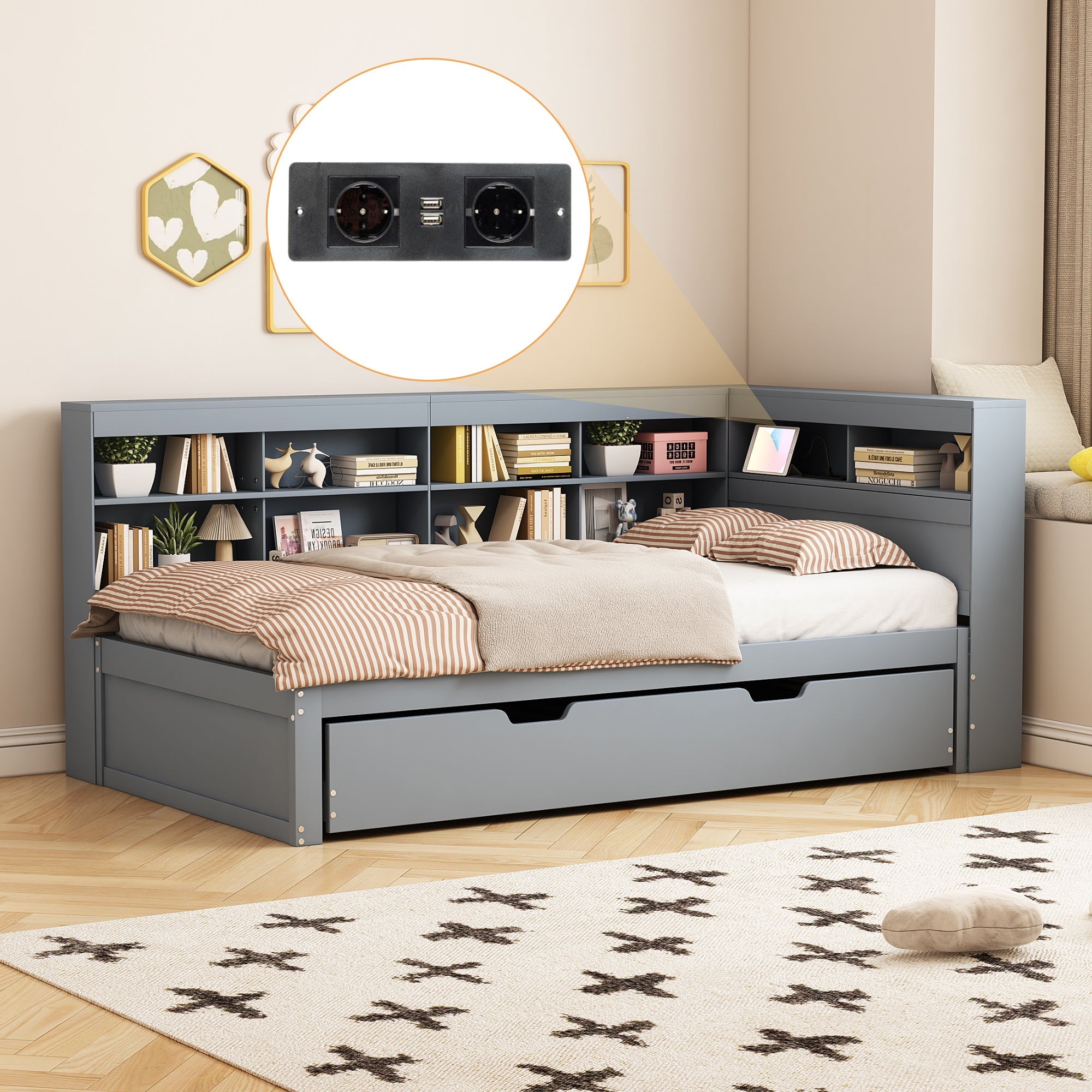 Multifunctional Sofa Bed with Extendable Bed, USB Socket and Storage, Grey Solid Wood