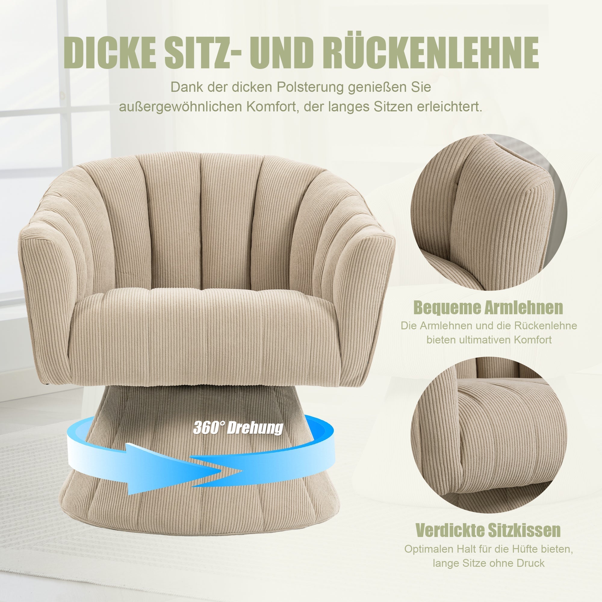360° Swivel Chair with Ergonomic Cushions and Wraparound Armrests, Khaki