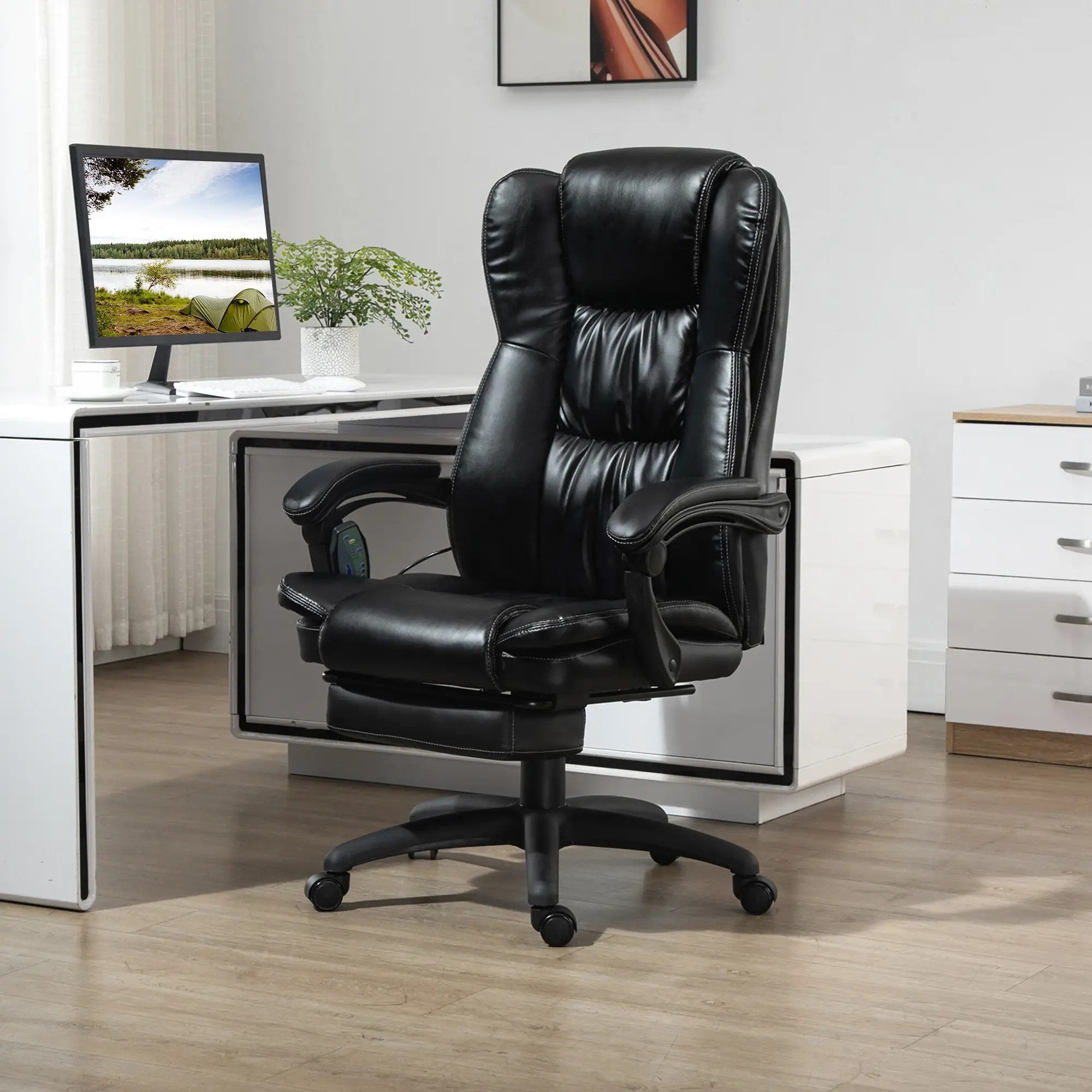 Office Chair Desk Chair Footrest Headrest Vibration Massage Height Adjustable, Black