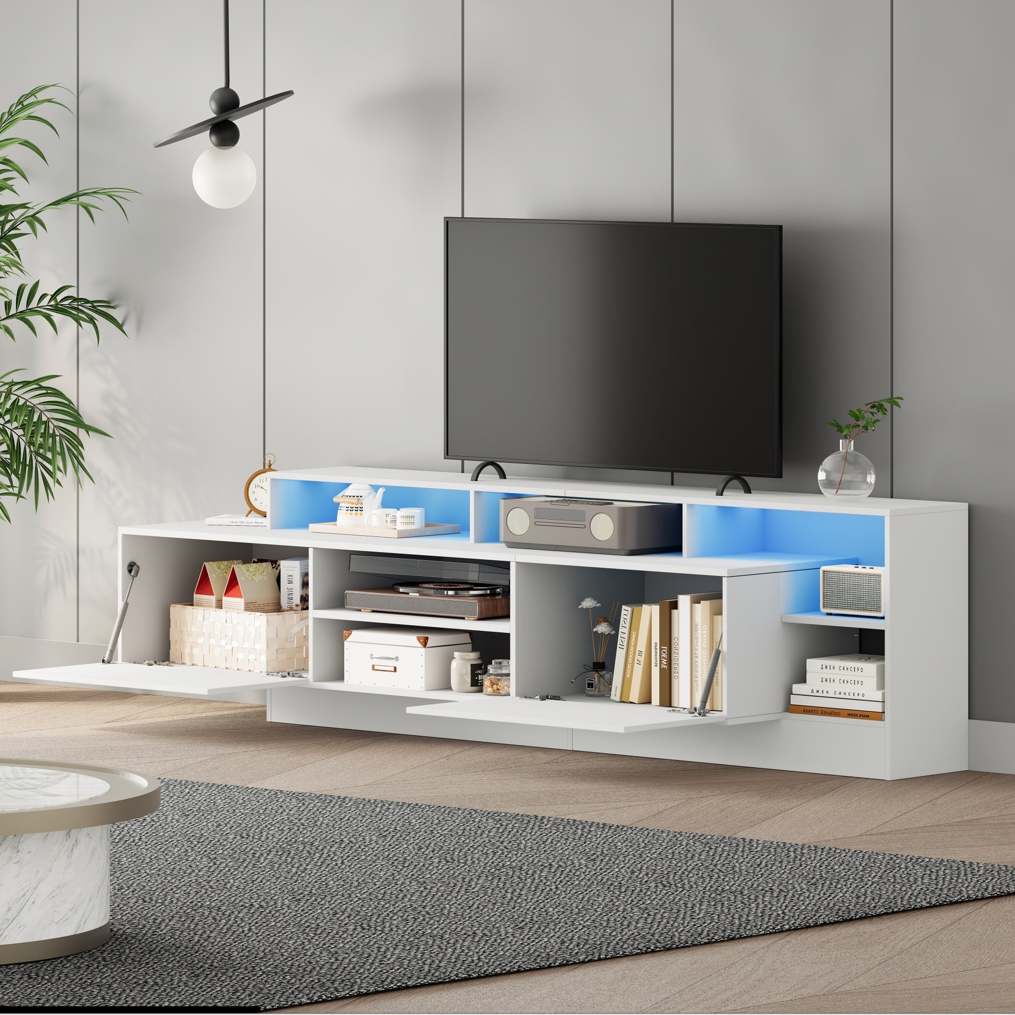 Modern TV Lowboard 190cm LED Open Storage for 70" TV - High-Gloss