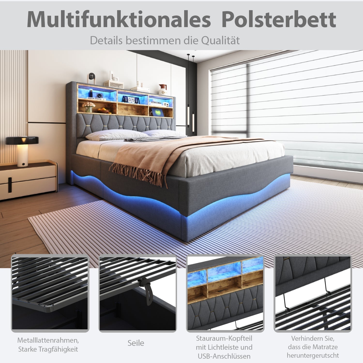 Upholstered Bed 140x200 Hydraulic Storage LED/USB Slatted Frame, Linen Grey
