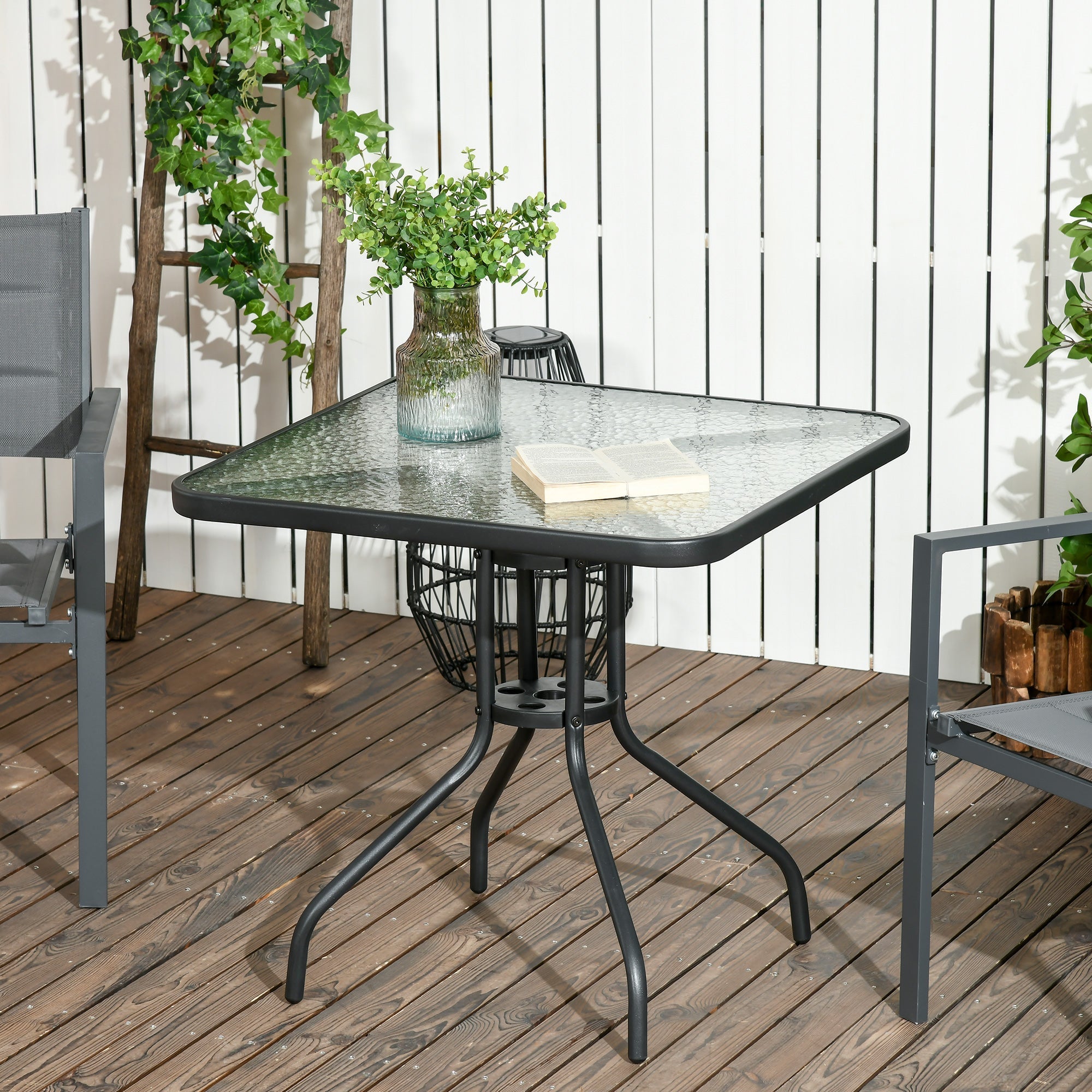Garden Table Detachable 76x76cm Square Weatherproof with Parasol Hole, Metal Black