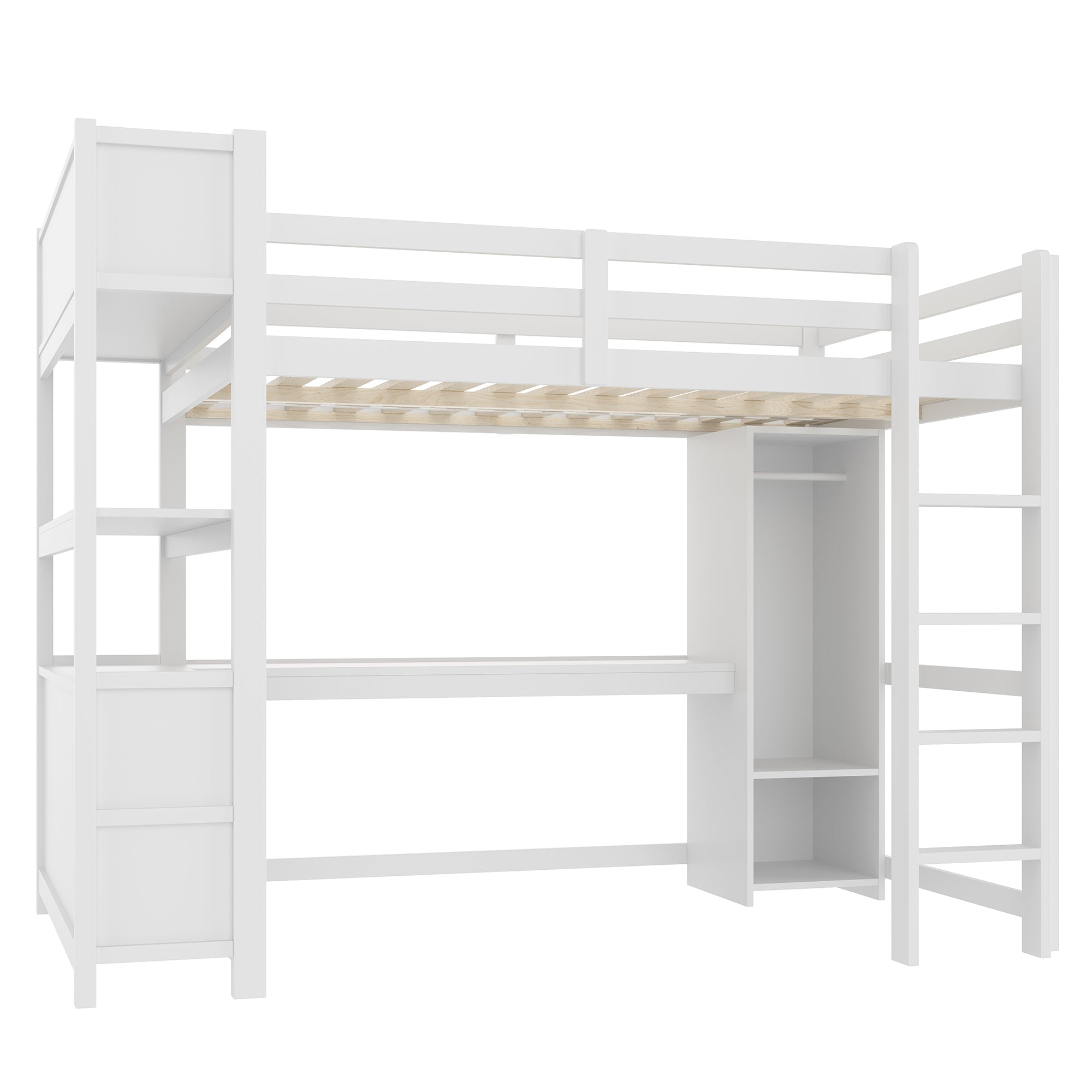 Loft Bed 140x200cm, Shelves, Desk, Wardrobe, White