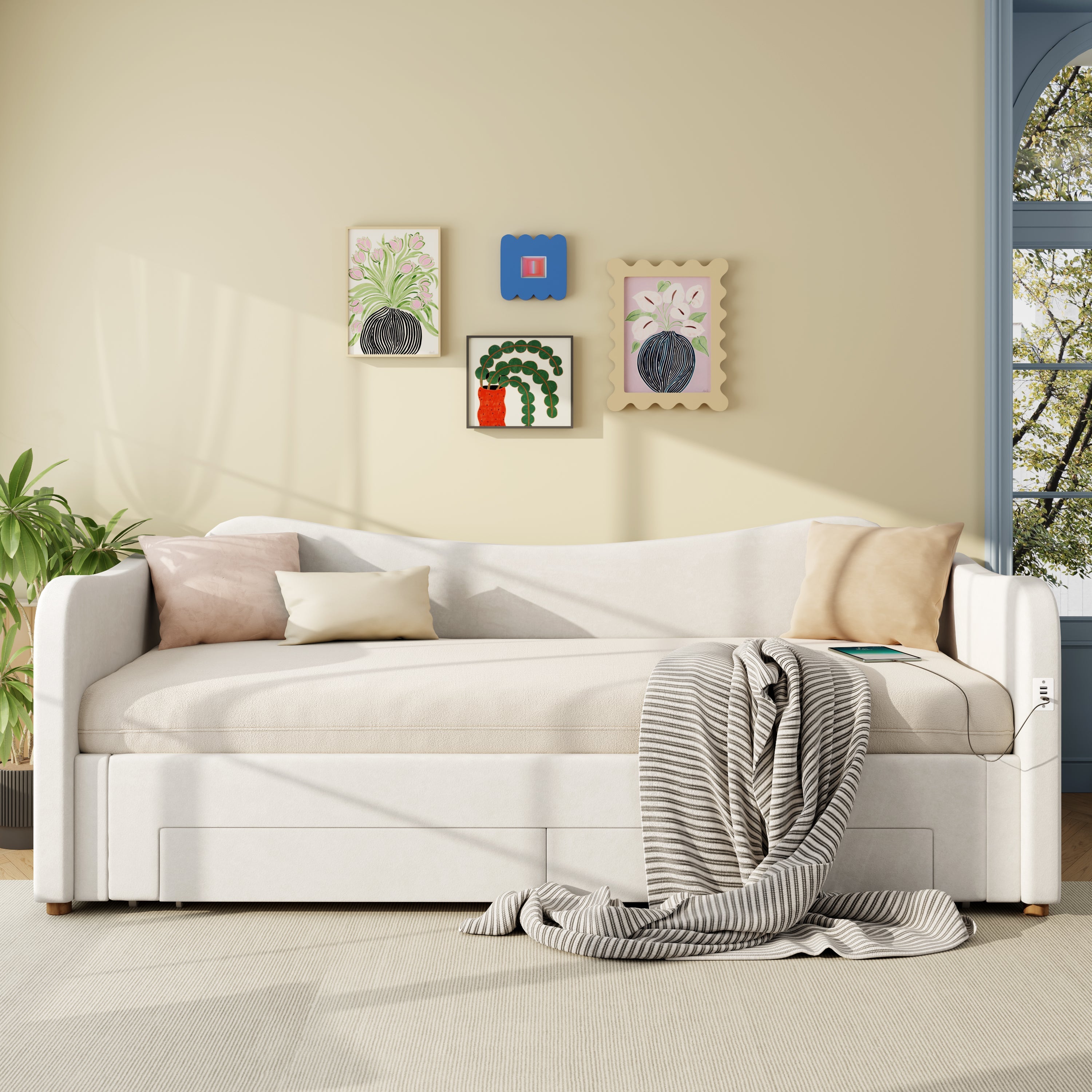 Upholstered Daybed with 2 Drawers, USB Port, 90x200cm Extendable to 180cm, Beige Velvet