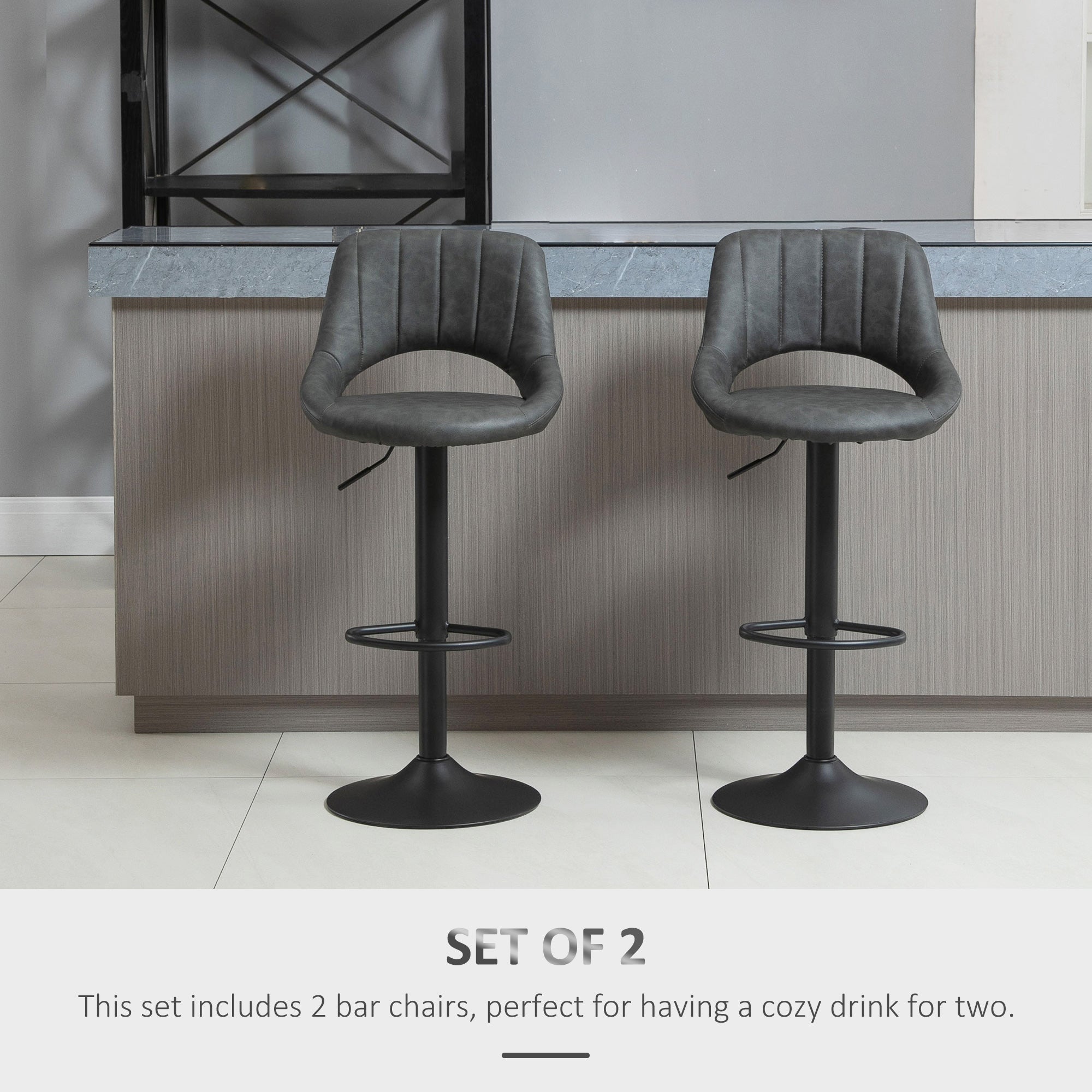 Bar Stools Set of 2, Swivel Adjustable Armless with Back, PU Leather Dark Grey