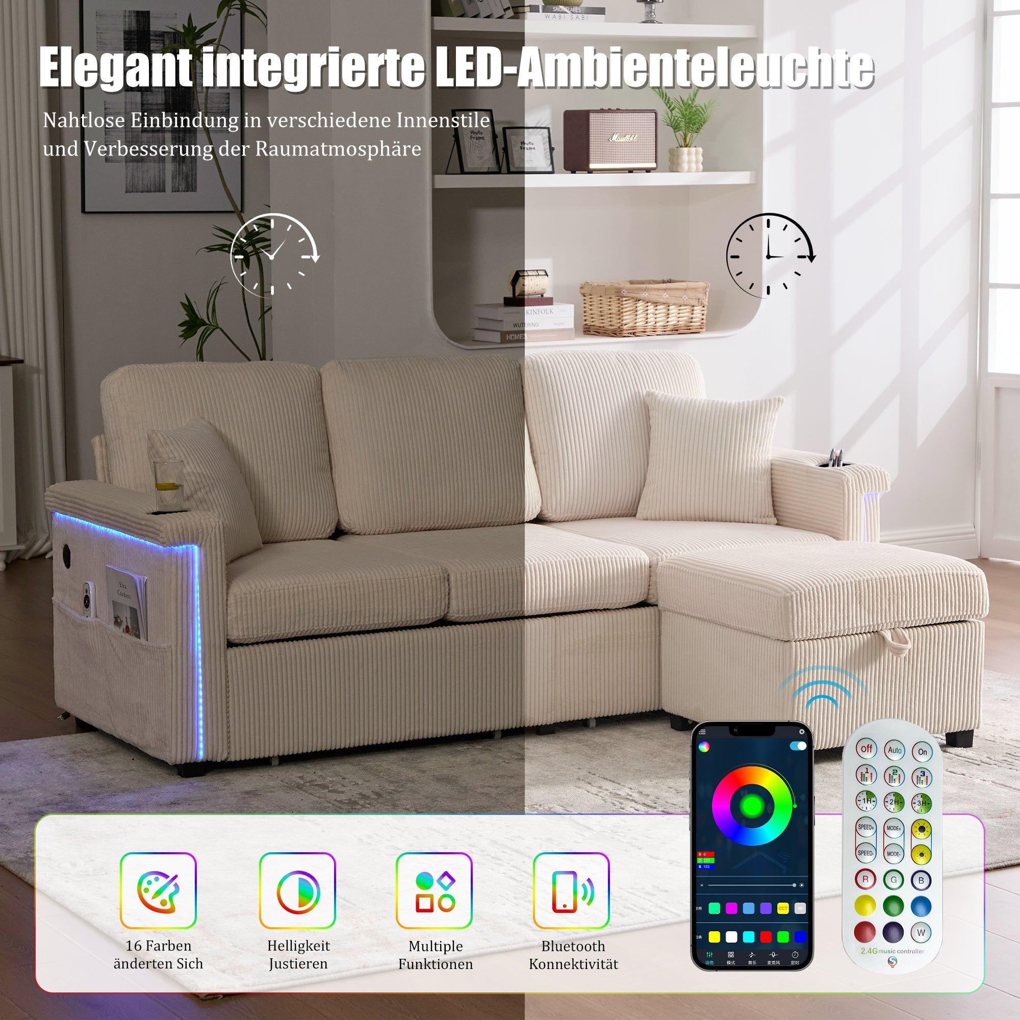 Velvet Sofa, LED USB-C Storage Footrest Cup Holders, Beige