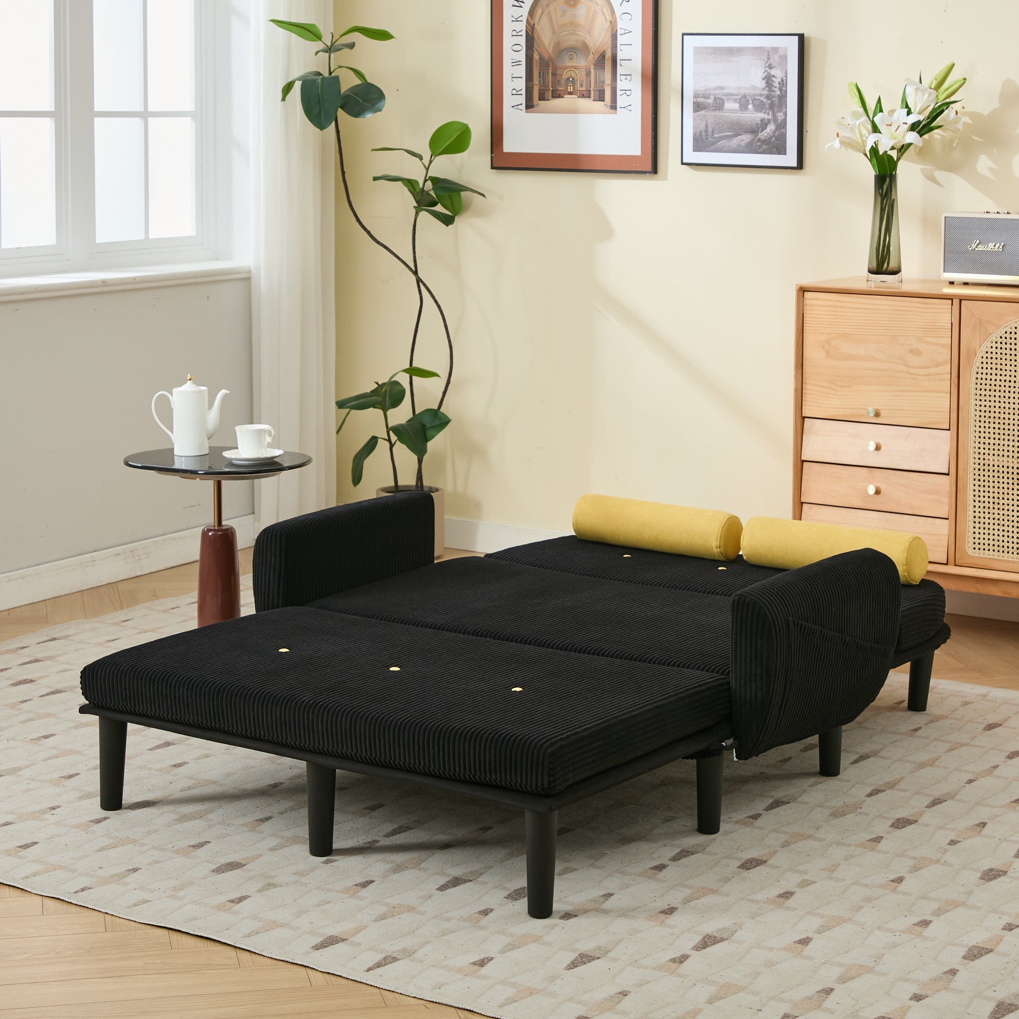 Loveseat Sofa Daybed Recliner with Storage Space, Black Corduroy