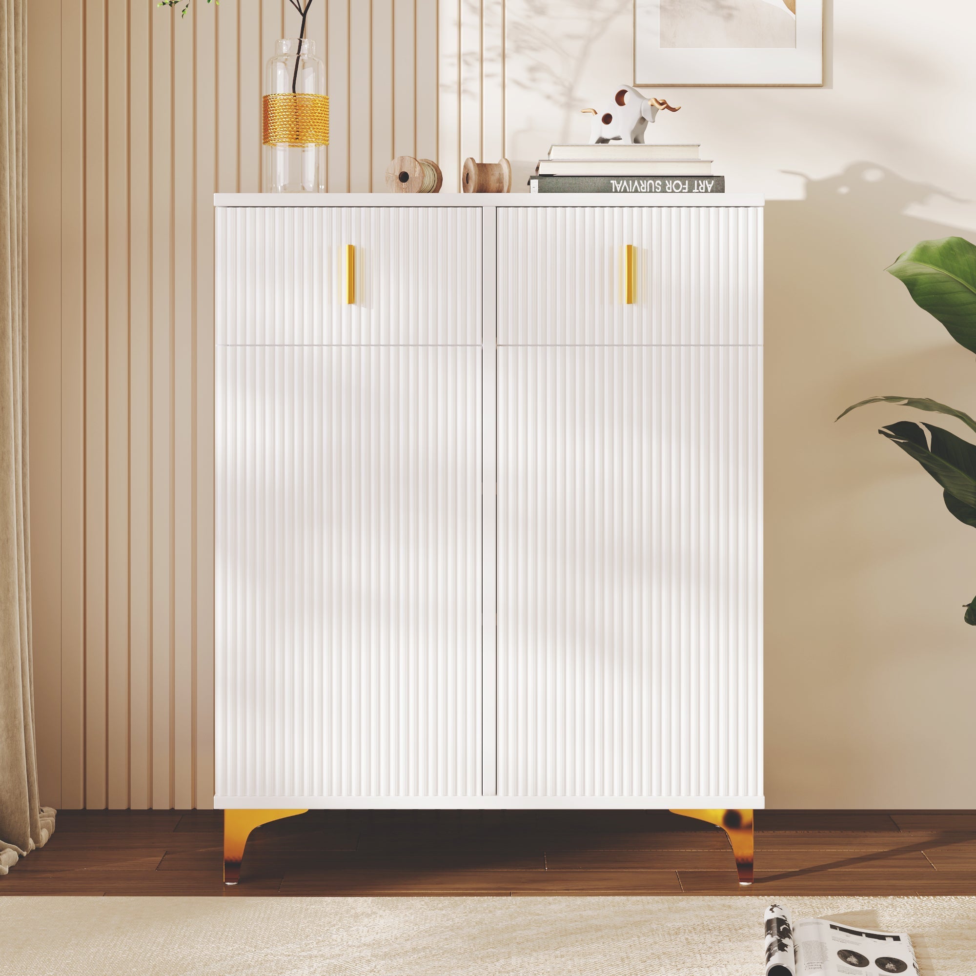 Sideboard/Shoe Cabinet with Structural Panels, Adjustable Shelves, Gold-Plated Decorations, and Drawers