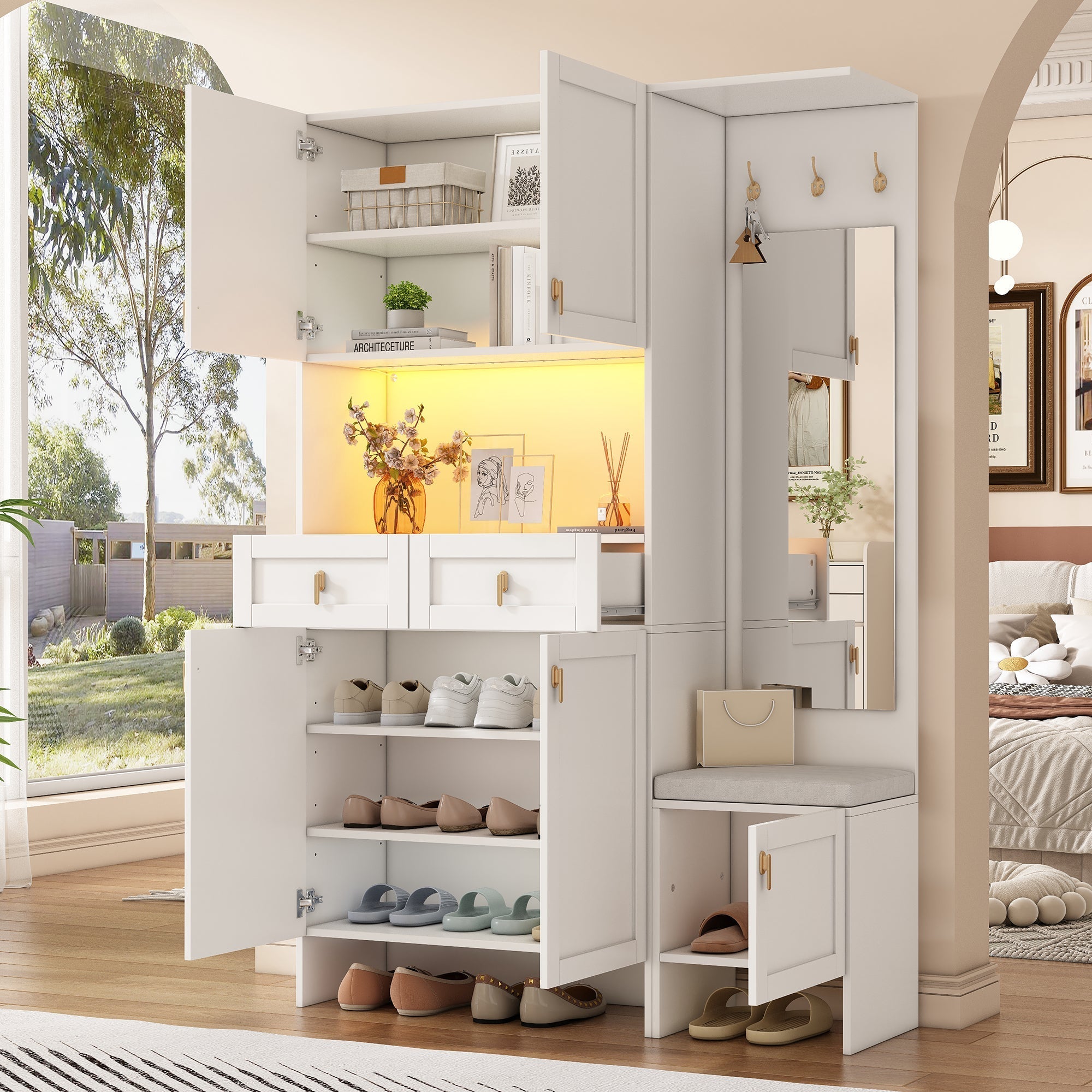 Wardrobe Set Shoe Bench Shoe Cabinet Mirror Storage - White