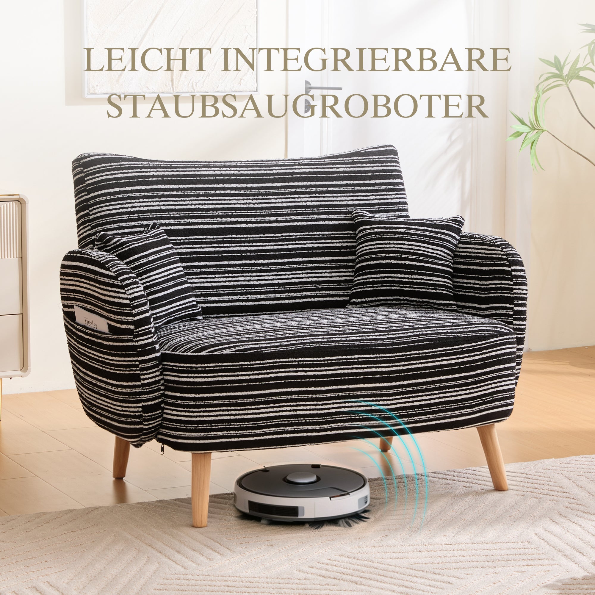 Modern Two-Seater Sofa with Armrest Cushions and Storage Bag, Boucle