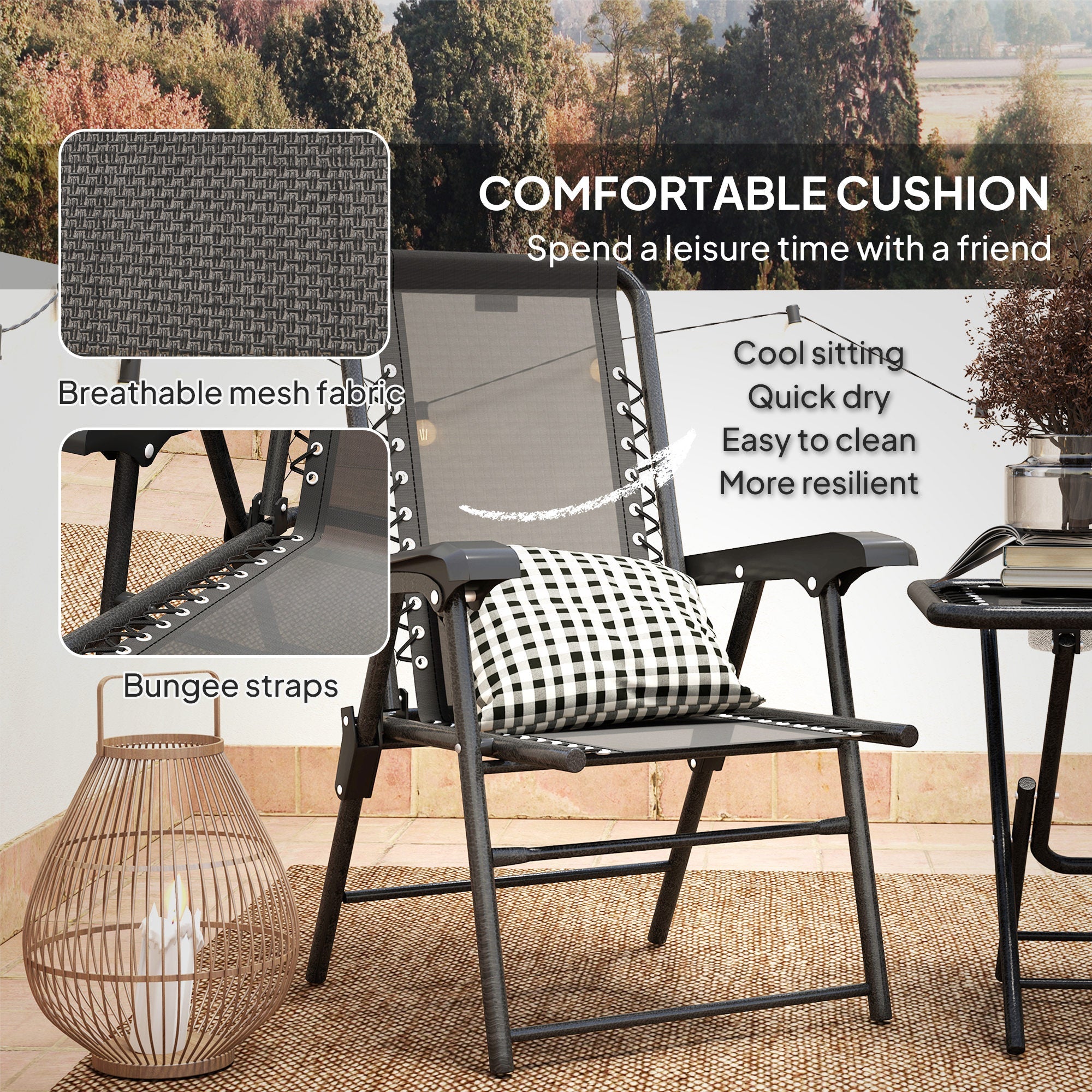 Three-Piece Garden Table and Chair Set, Folding Bistro Black