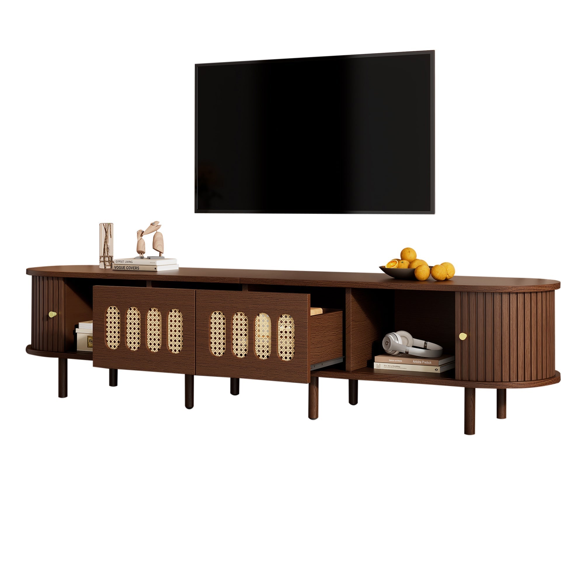Oval TV Stand Rattan Design 180cm 2 Drawers - Dark Walnut