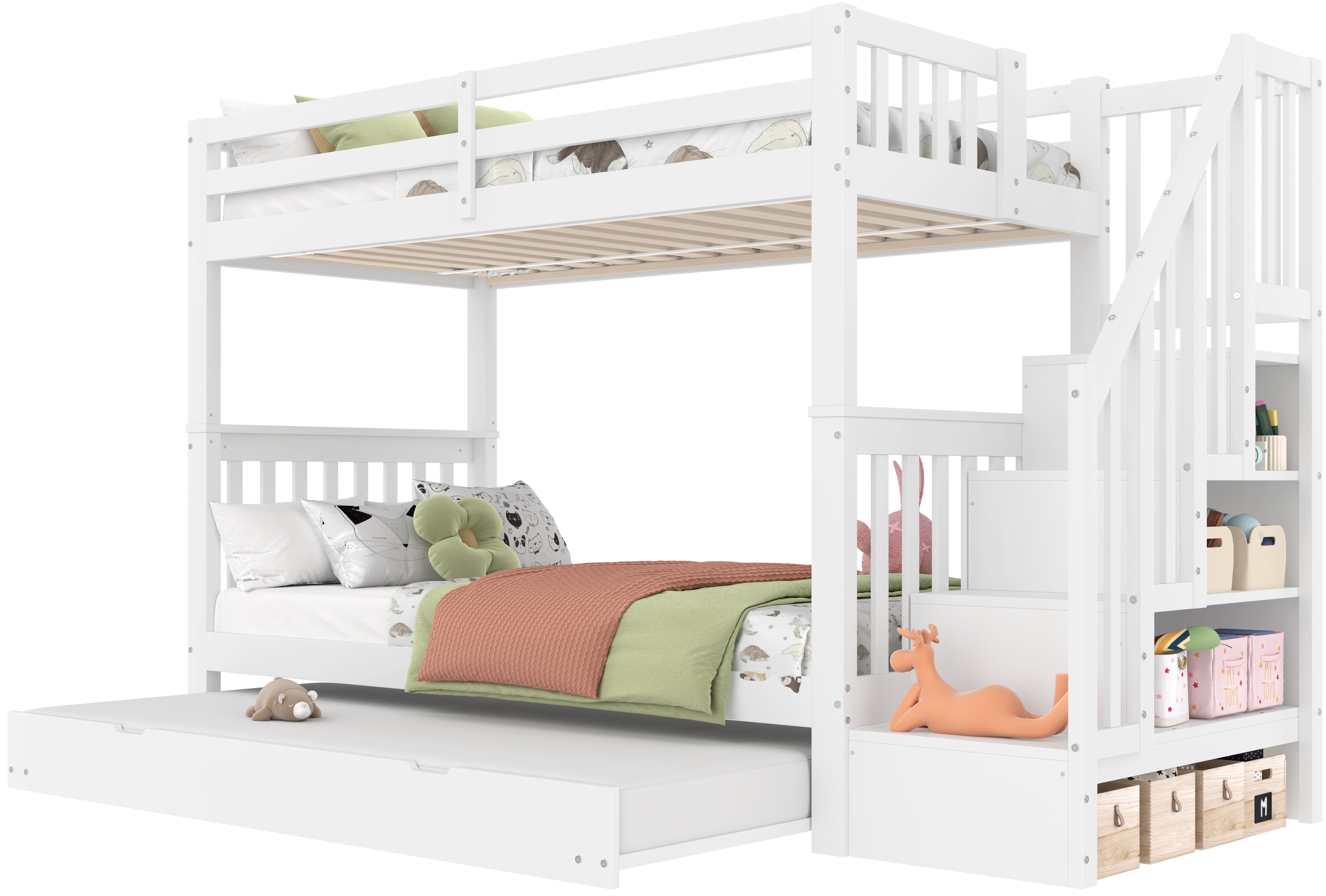 Bunk Bed with Staircase Storage and Pull-out Trundle, 90x200cm, White Pine and MDF