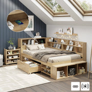 Multifunctional Children's Storage Bed with Nightstands, Shelves and Wireless Charging, Natural