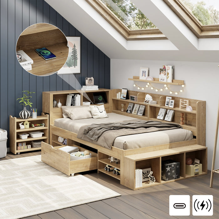 Multifunctional Children's Storage Bed with Nightstands, Shelves and Wireless Charging, Natural
