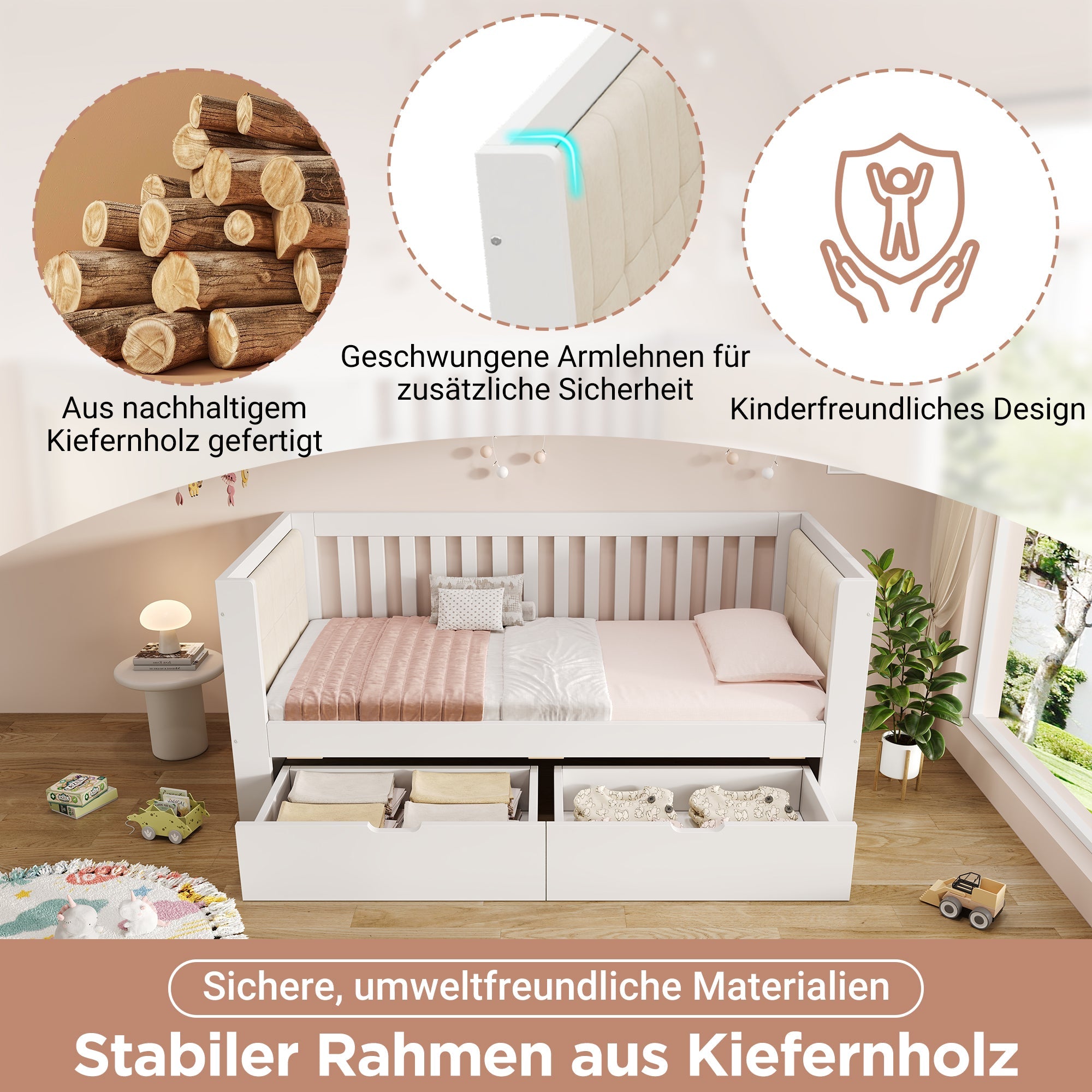 Sofa Bed with 2 Drawers and Rounded Armrests, 90x190cm, White Wood