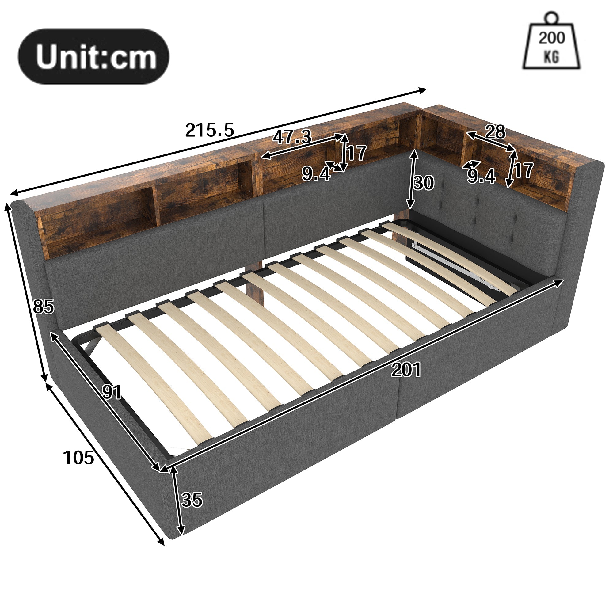 Daybed 90x200cm Hydraulic Storage LED USB/Type-C - Linen Grey