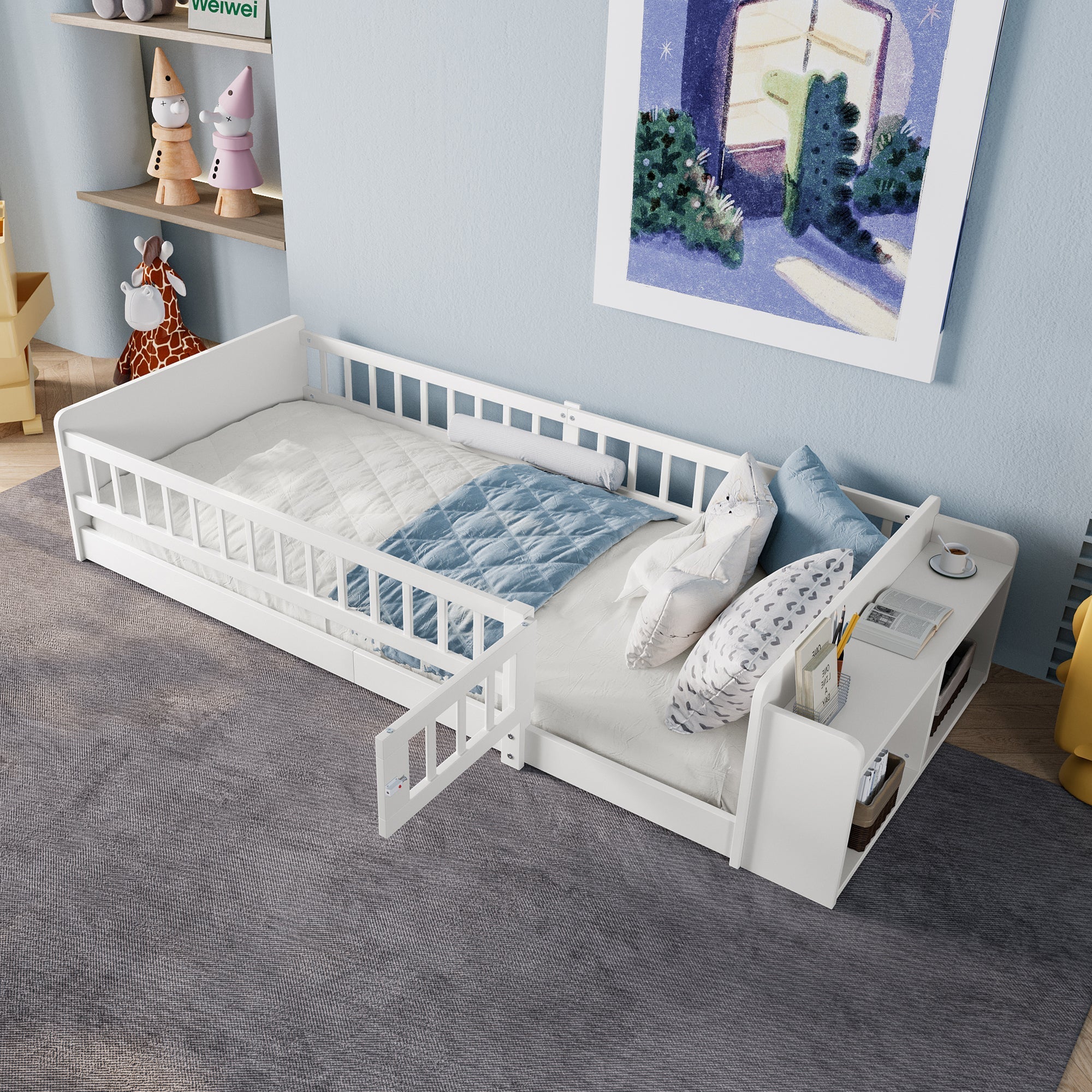 Wooden Children's Bed 90x200cm Open Storage Shelves and Case White Pine Wood