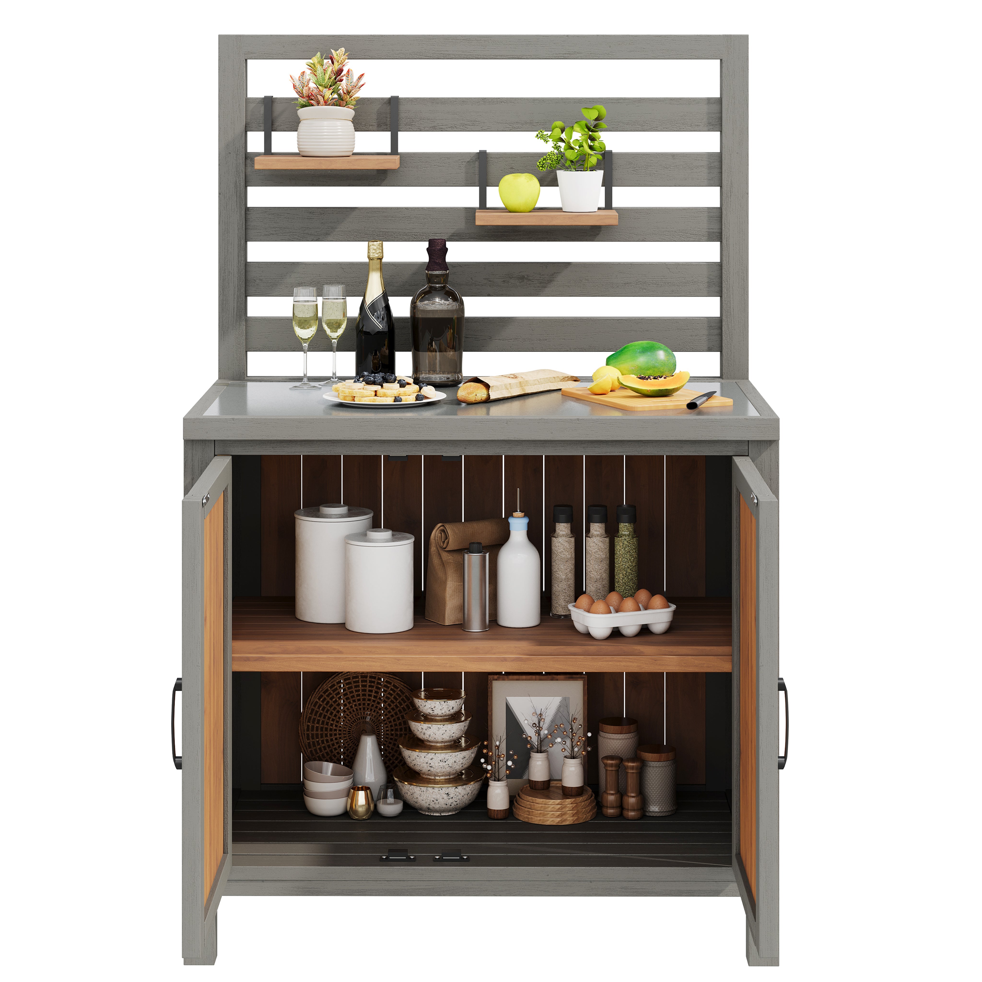 Weatherproof Garden Cabinet with Stainless Steel Worktop and Adjustable Shelves, Wooden