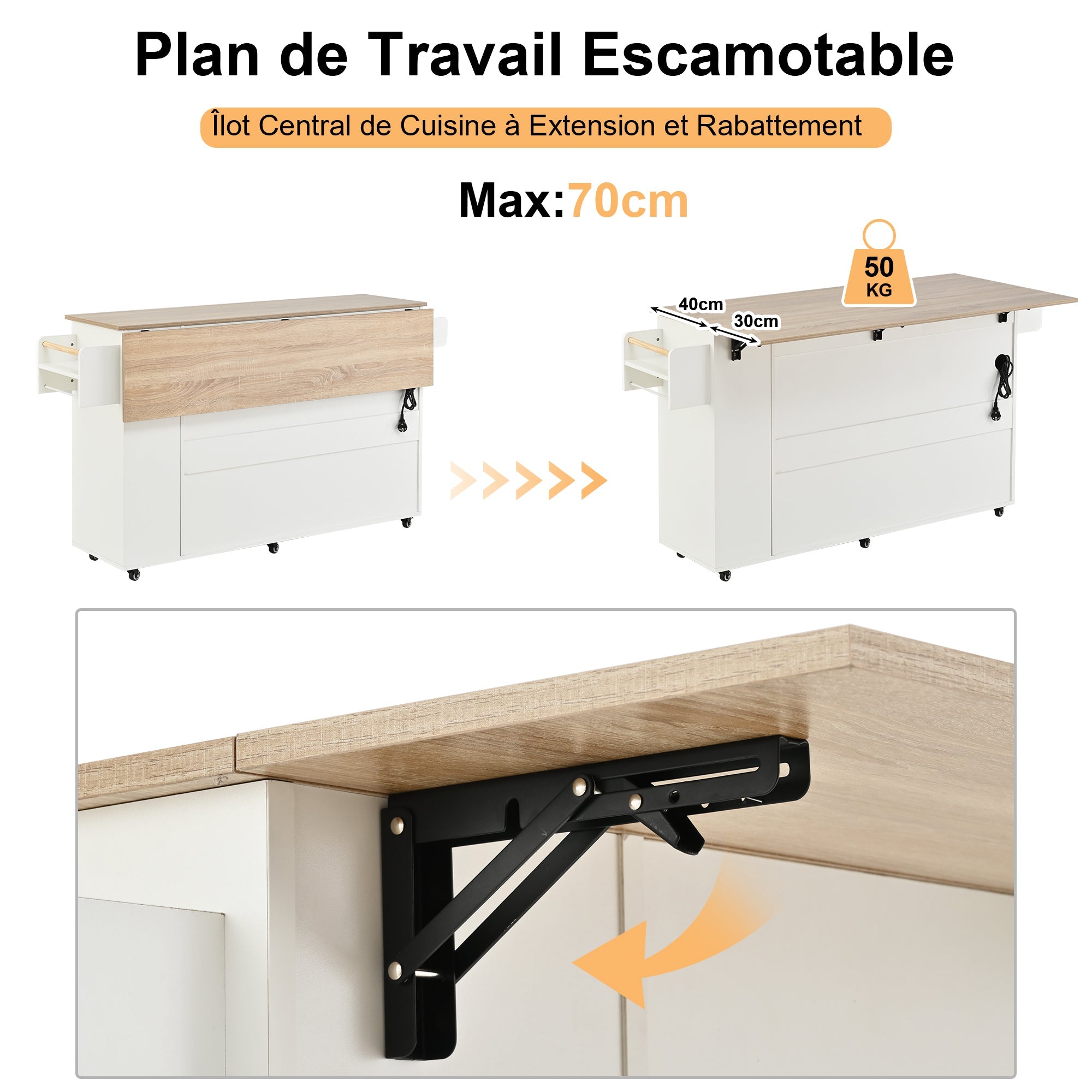 Kitchen Island Trolley with USB Port, Fold-Down Worktop & Storage, White