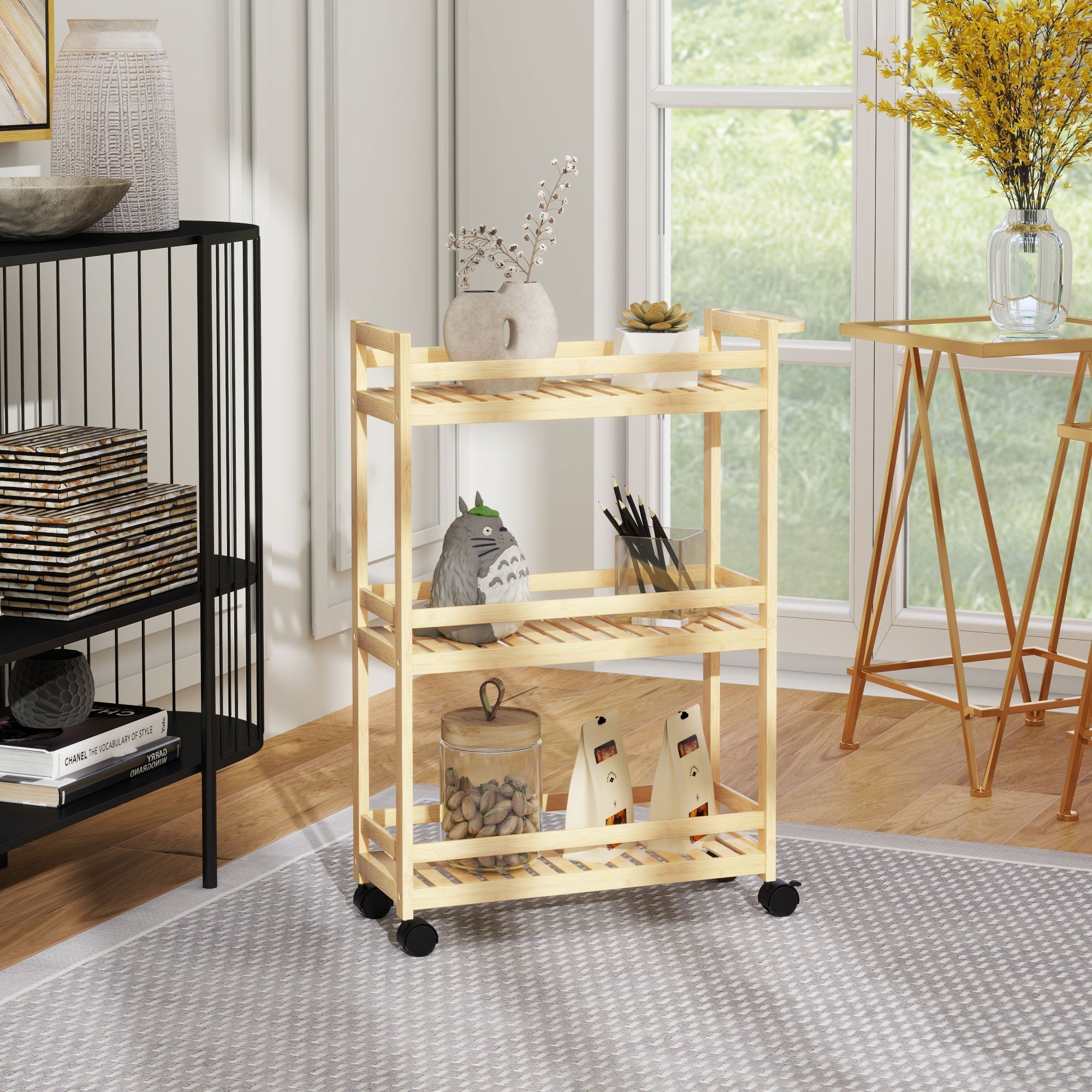 3-Tier Serving Cart, Wheels & Handle, Natural Wood