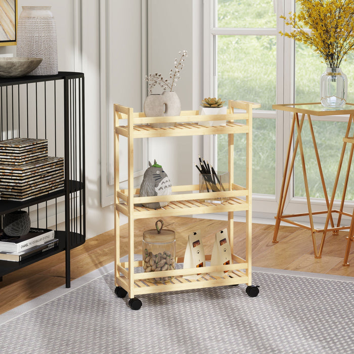 3-Tier Serving Cart, Wheels & Handle, Natural Wood