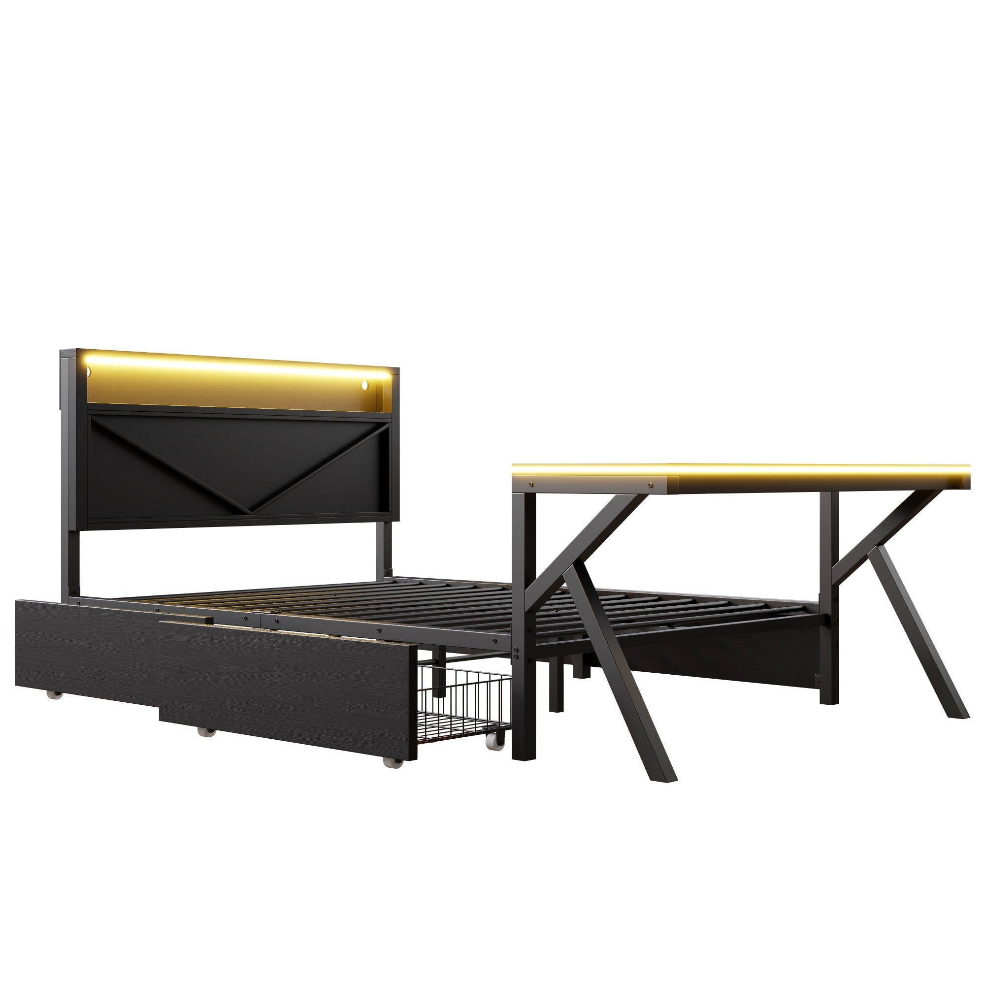 Gaming Platform Bed with LED Headboard, Desk and Drawers, Black Metal