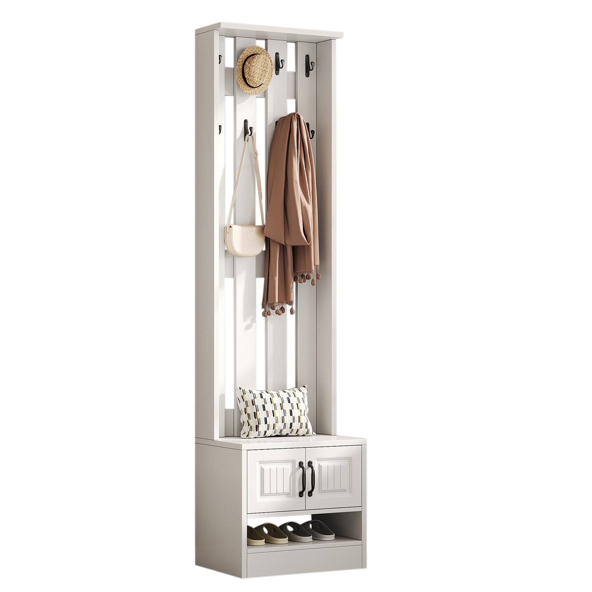 Shoe Cabinet Hallway Furniture with 2 Doors and 8 Hooks, W50/D36/H190cm, White