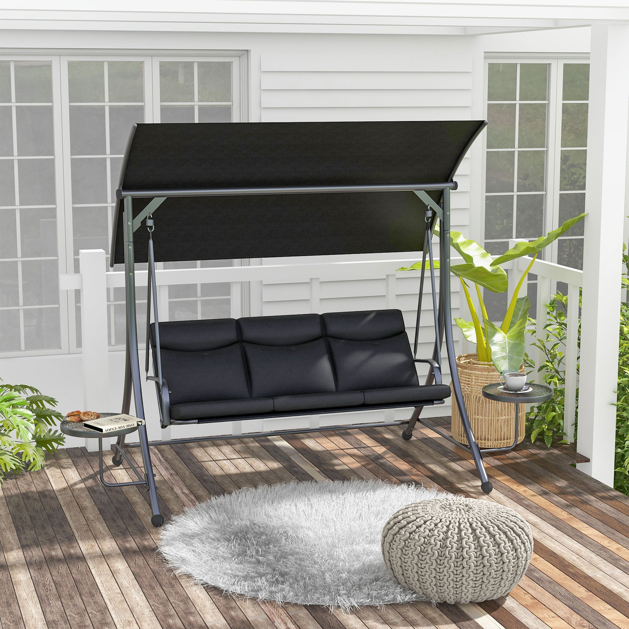 Hollywood Swing 3-Seater with Coffee Tables Adjustable Sunshade 300kg Capacity, Black