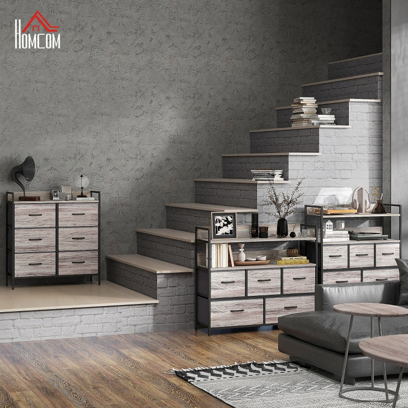 Chest of drawers 6 fabric drawers wood look steel frame gray