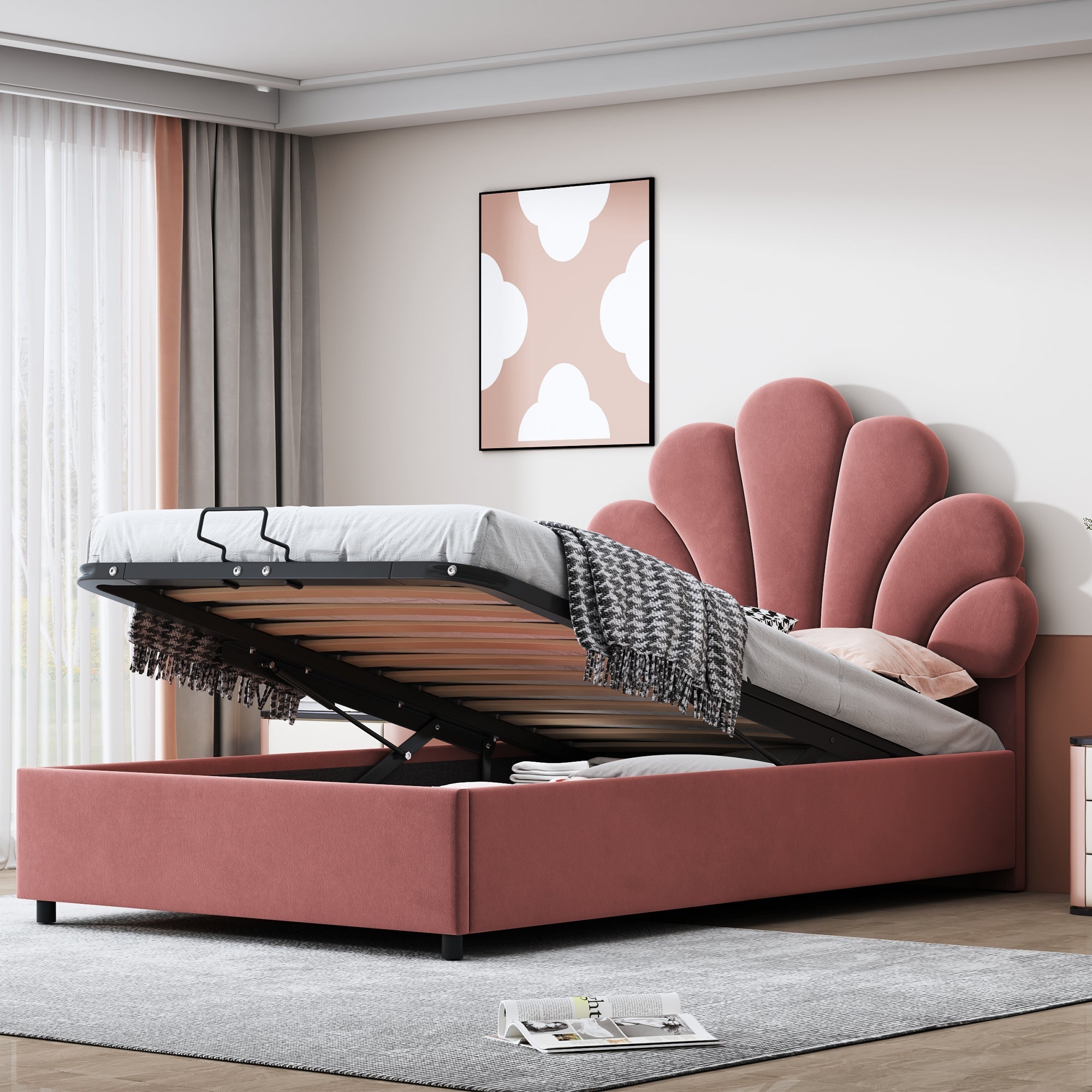 Upholstered Children's Bed 90x200cm Floral Headboard Hydraulic Storage Velvet Pink
